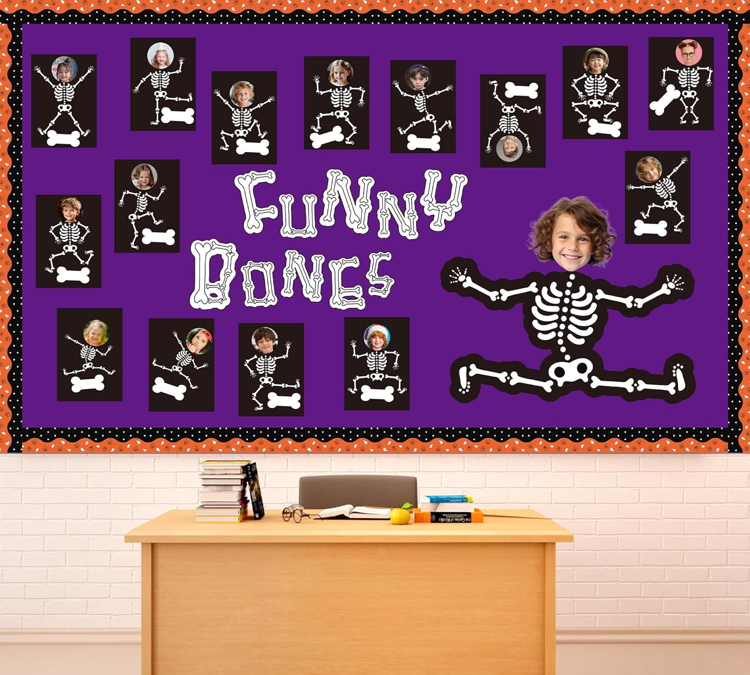Halloween Classroom Bulletin Board Decoration Set Halloween Skeleton DIY Photo Craft Funny Bones Bulletin Board Skull Cutouts for School Classroom Home Wall Chalkboard Decor Supplies