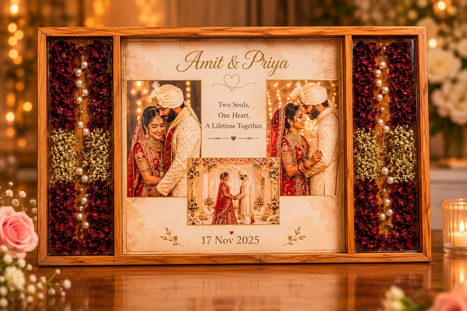 Teakwood Varmala Preservation Frame (3-Partition) | Wedding Garland Preservation | Bridal & Groom Wedding Memory Keepsake Display Frame | Handmade Floral Memory Shadow Box for Marriage Souvenirs-image-4