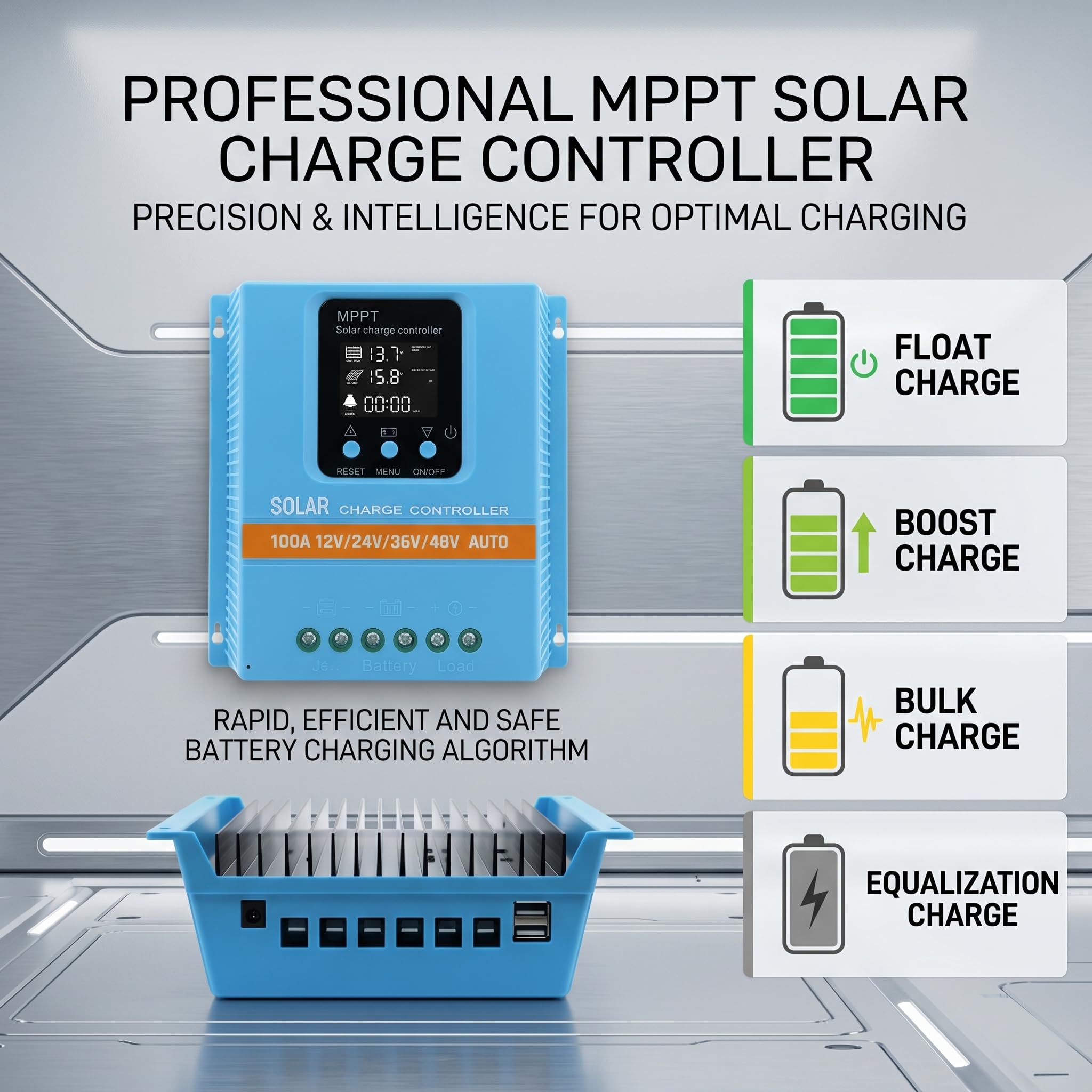 Regulador Solar 100A MPPT/PWM Híbrido | Detección Automática 12V/24V/36V/48V | Pantalla LCD & Dual USB | Para Baterías de Litio (LiFePO4) y Plomo | Ideal para Autocaravana, Casa y Huerto