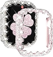Vista 17 de NewWays Paquete de 2 carcasas con diamantes brillantes para Apple Watch de 1.772 pulgadas para mujer, parachoques protector con diamantes totalmente