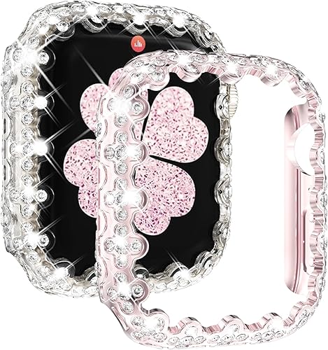 Miniatura 17 de NewWays Paquete de 2 carcasas con diamantes brillantes para Apple Watch de 1.772 pulgadas para mujer, parachoques protector con diamantes totalmente