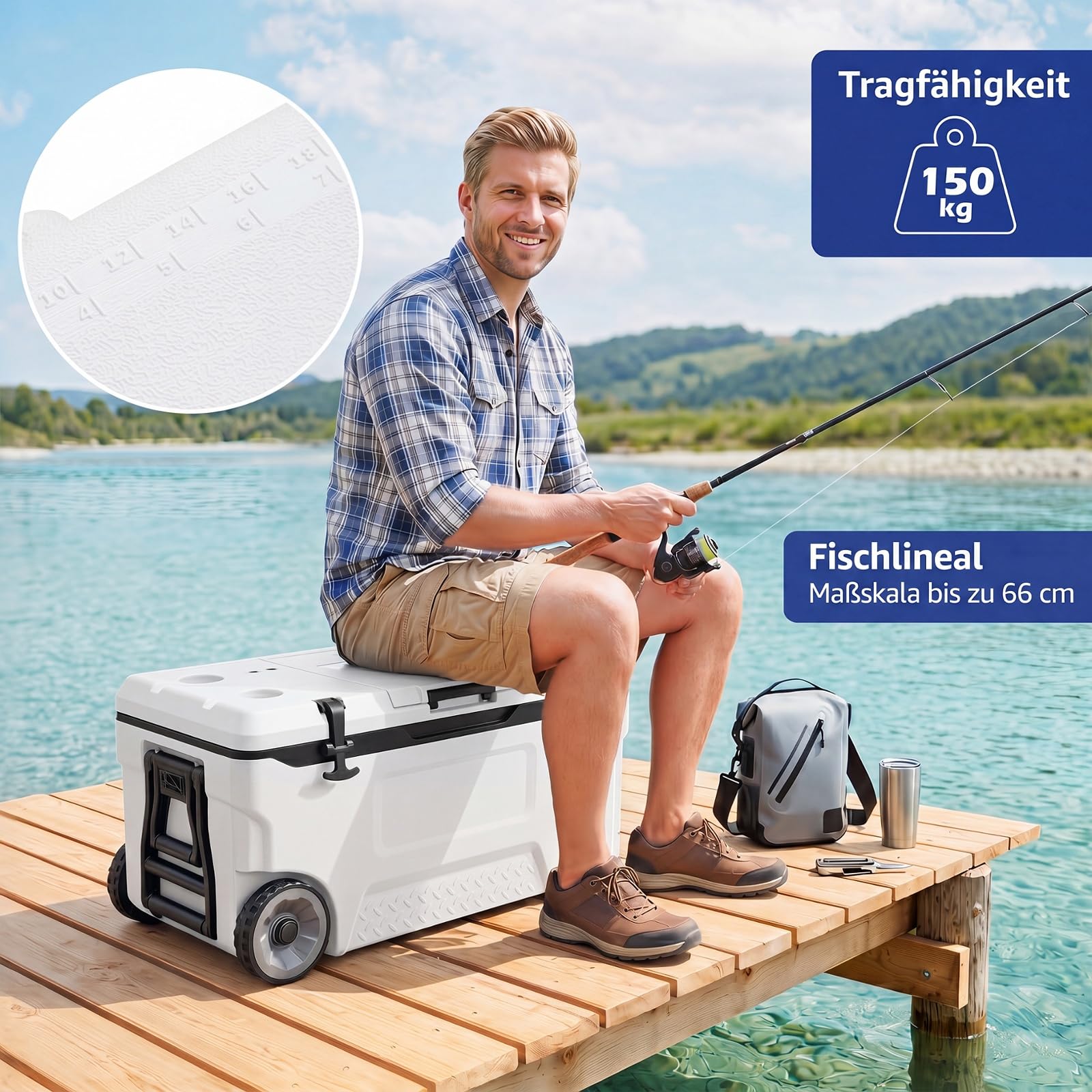 COSTWAY Kühlbox, Große Thermobox aus Kunststoff mit Rollen & Griff, Isolierbox mit Ablaufstopfen, Getränkehalter & Sicherheitsverschluss, tragbarer Kühlschrank für Camping & Picknick