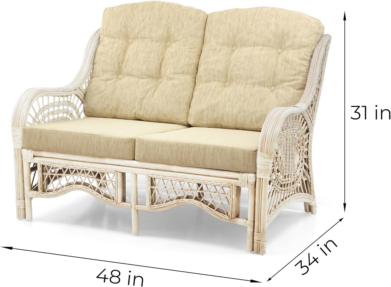 Malibu Lounge Set of 2 Natural ECO Rattan Wicker Chairs, Loveseat with Cream Cushion and Coffee Table w/Glass Handmade, White Color