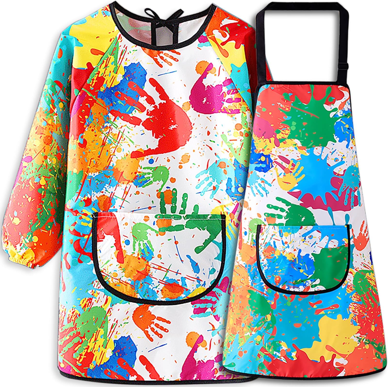 MINIQ Kids Art Smock and Painting Apron Kit,Waterproof Artist Smocks with Pocket Long Sleeves and Aprons for Age 8-14