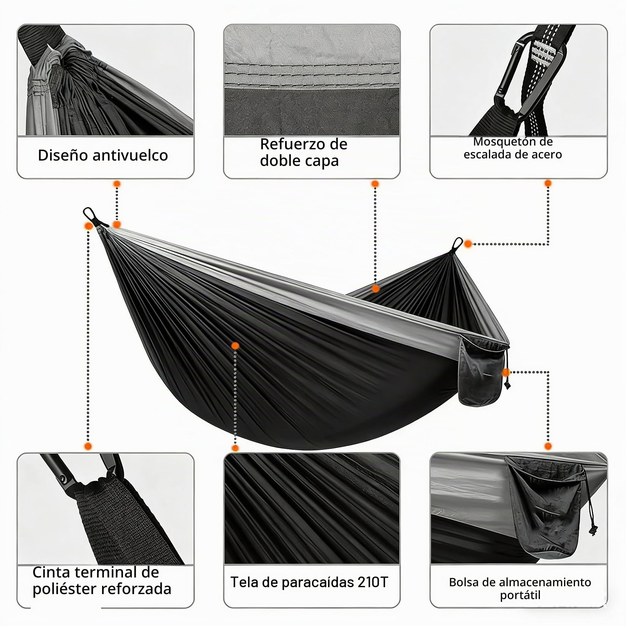 SNZ Hamaca de Camping Ultraligera, 270x140 cm, Nailon de Paracaídas 210T, 200 kg de Capacidad, Incluye Cintas para Árboles y Mosquetones de Acero – Portátil para Senderismo, Viajes, Jardín y Playa