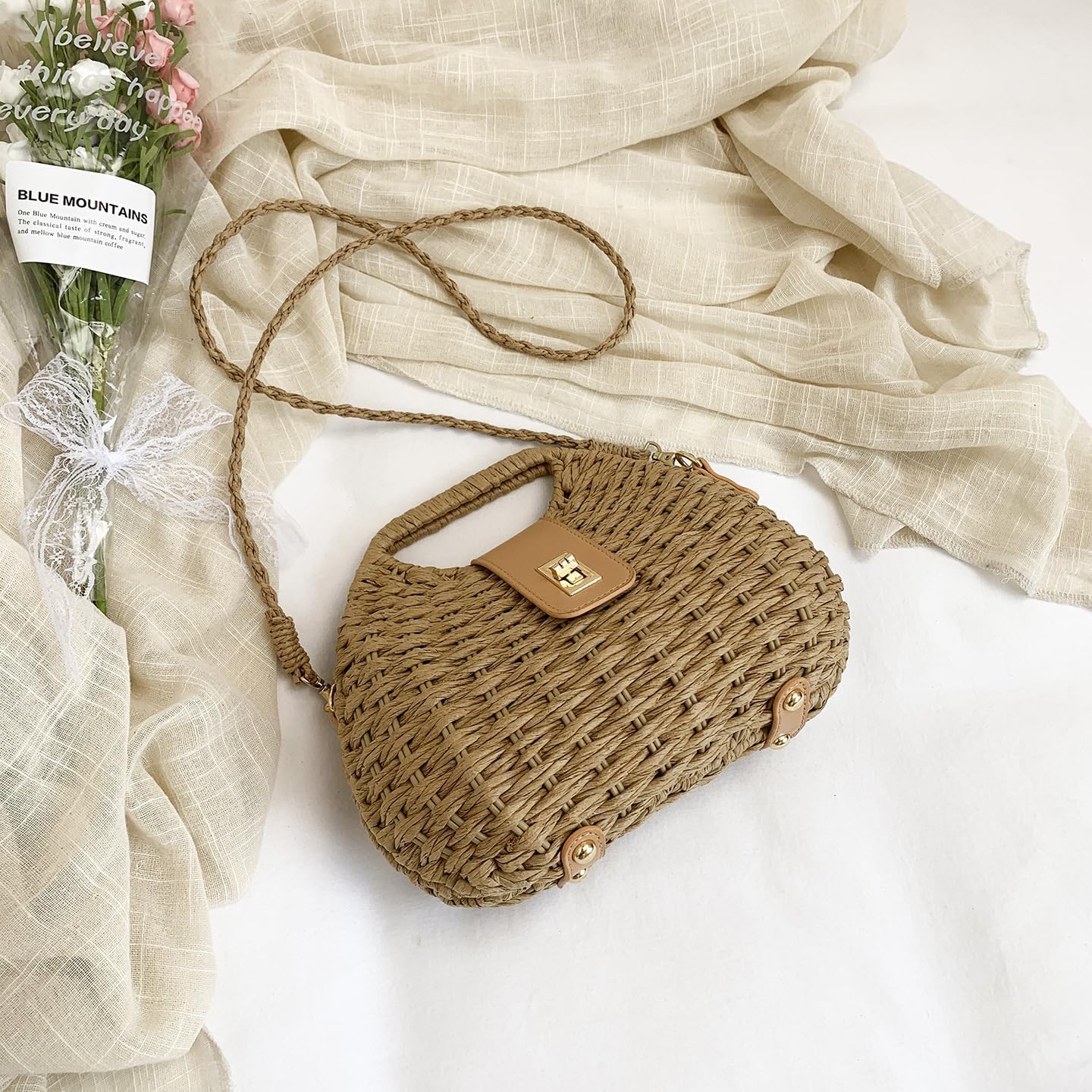 Straw Beach Bag for Women Woven Crossbody Shoulder Bags Top Handle Satchel Handbag Handmade Purse for Summer Wicker