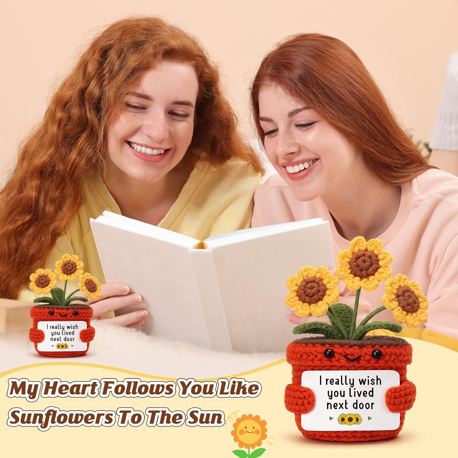 Crochet Sunflower with Sentimental Quote, Handmade Cute Plant Desk Decor, Long Distance Friendship Gift, Neighbor Housewarming Present, Thinking of You Gift for Family & Best Friend