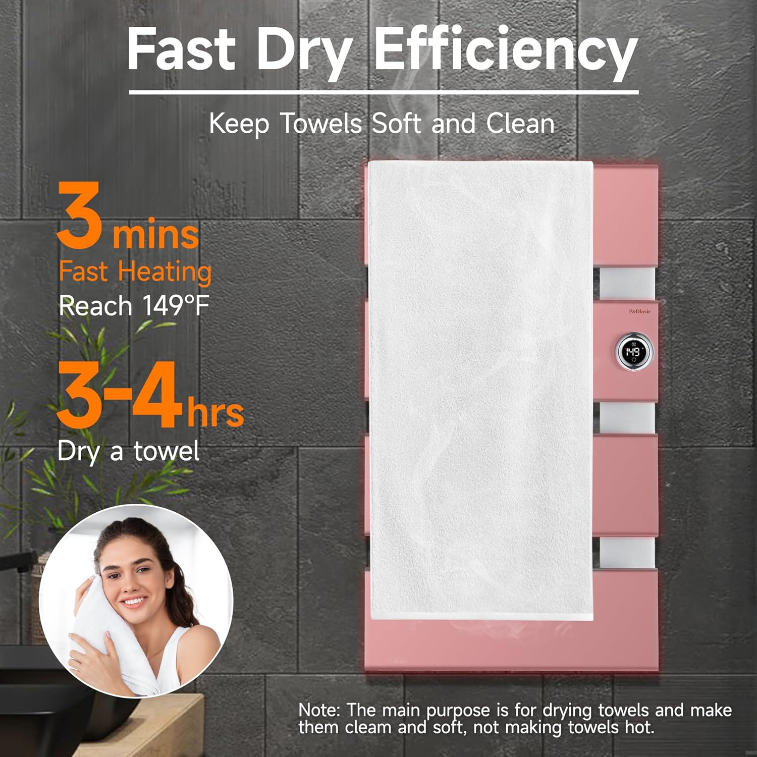 P&Dlusir Towel Warmer, Heated Towel Rack with Adjustable Temperature and Timer (1-24h, On), Fast Heating and Drying for Bathroom, Memory & Remote Control Compatible, Right-Wiring, 4-Panel, Silver