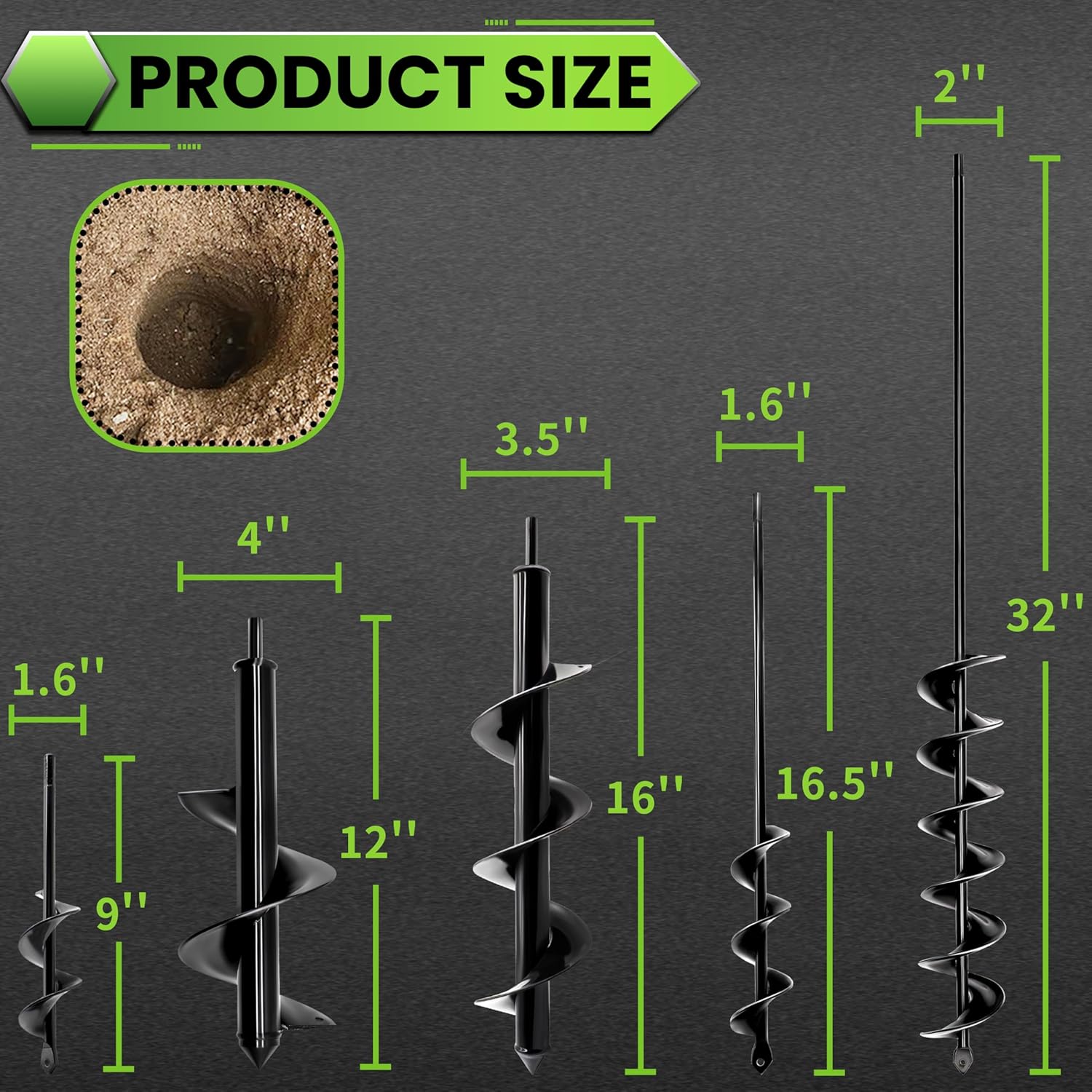 5PCS Garden Auger Drill Bit Set - 1.6x9 & 1.6x16 & 4x12 & 3.5x16 & 2x32 inch Planting Auger, Spiral Drill Bit, Bulb Planter, Post Hole Digger