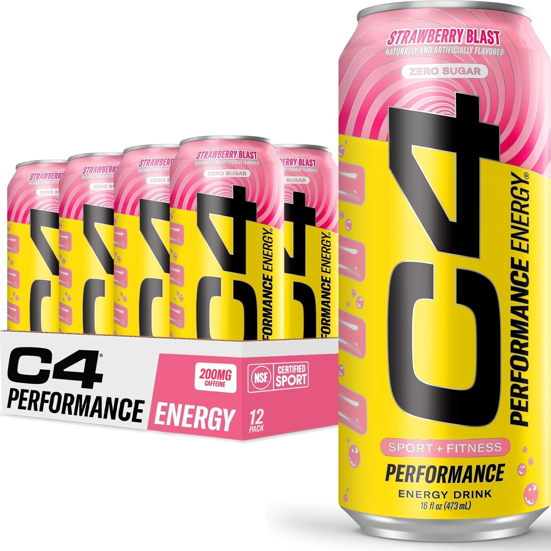 C4 Performance Energy Drink with Zero Sugar, Strawberry Blast, 12pk | 200mg caffeine and performance ingredients deliver explosive energy, endurance and focus.