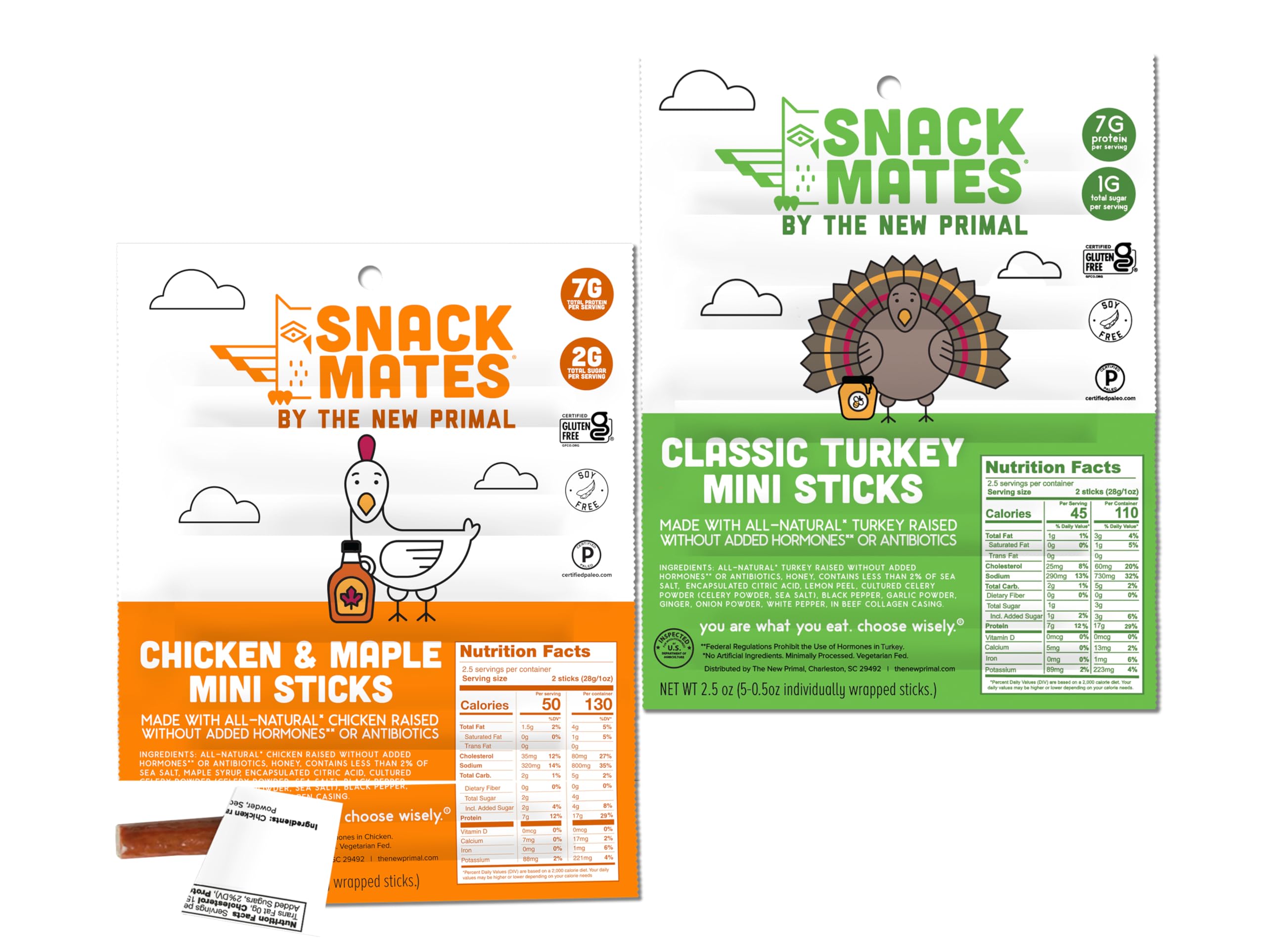 New Primal Snack Mates Chicken & Turkey Pack, Gluten Free Healthy Snacks for Kids, Low Sugar High Protein Kids Snack, Mini Paleo Jerky Meat Stick, 5 (0.5 oz) Sticks Per Bag, 2 Bags, 10 Count