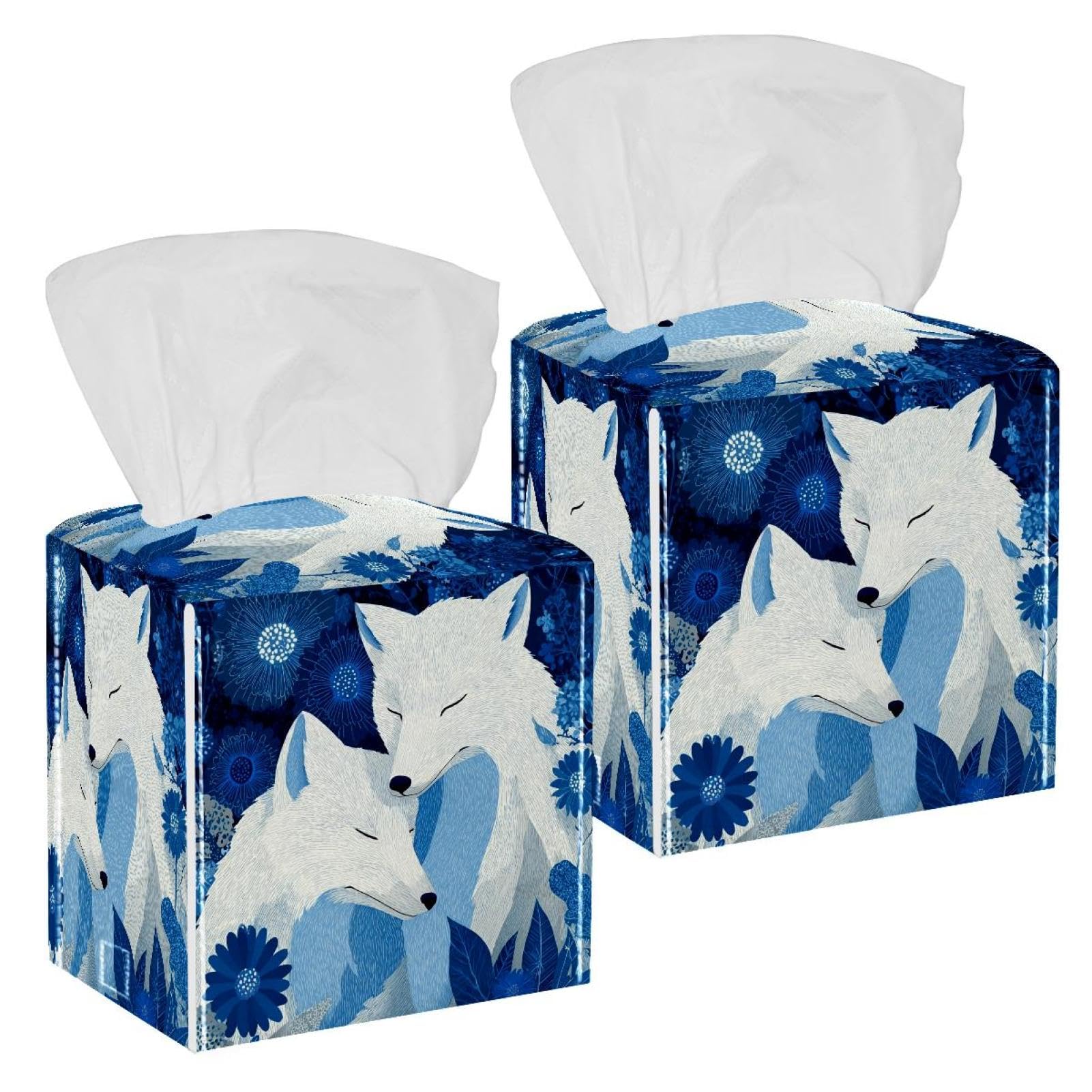 Foxes Tissue Box Cover, 2 Pack PU Leather Square Facial Tissue Dispenser Box holder for Home Office Car