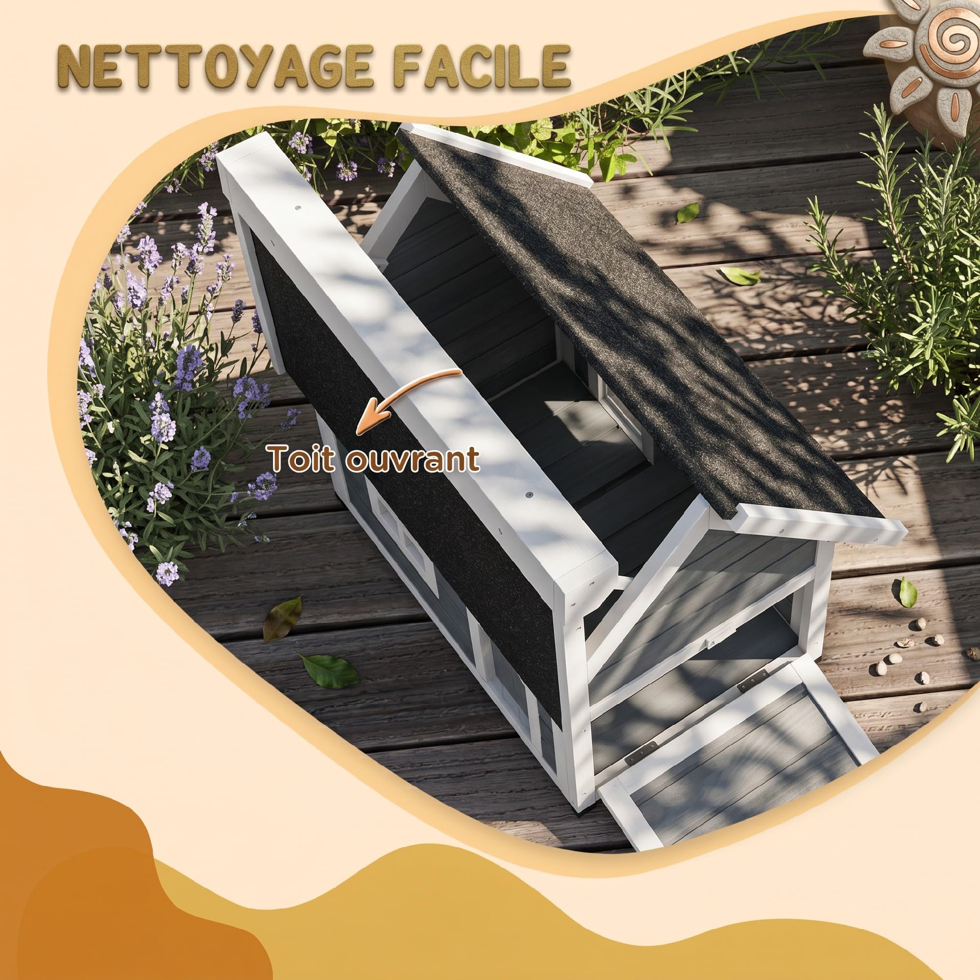 PawHut Maison pour Chat en Bois Porte à Lamelles 77 x 57,5 x 68 cm Gris | Niche pour Chat, Toit Ouvrable Bitumé, 3 Portes, Fenêtre en Plexiglas, Pieds en Plastique, Extérieur