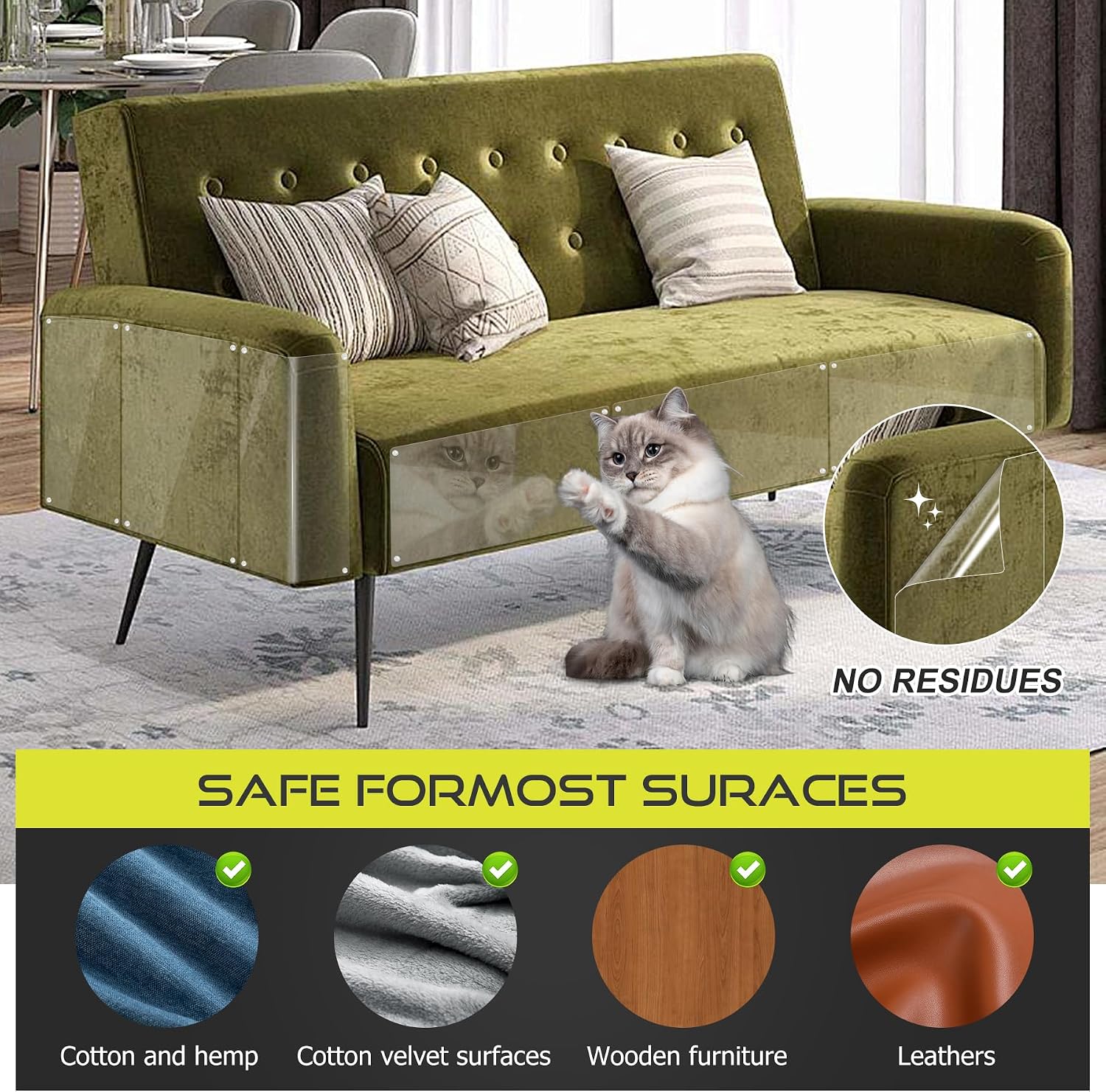 Anti Cat Scratch Furniture Protector, 10-Pack Couch Protector from Cat Claws for Sofa Corners, Walls & Doors – Heavy-Duty, Easy-to-Apply Shields with 50 Twist Pins(Clear