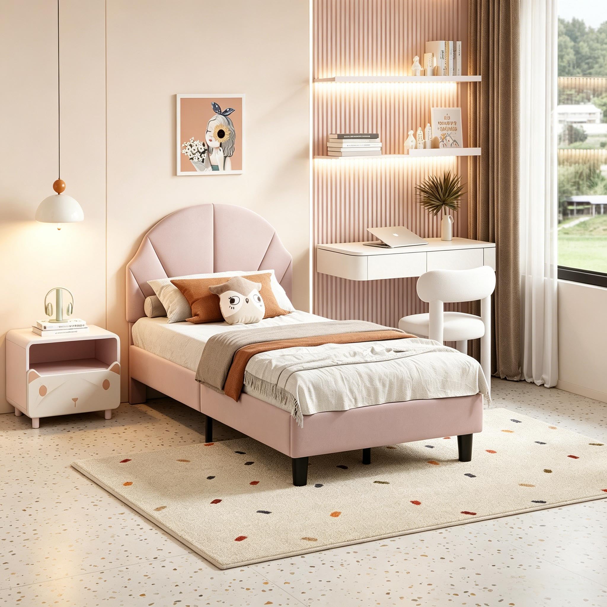 Letto Singolo Imbottito 90x200 cm con Rete a Doghe, Letto da Principessa per Bambina con Testata Regolabile Letto per Bambina 90x200 Letti per 1 Persona per Ragazza Adolescente, in Velluto