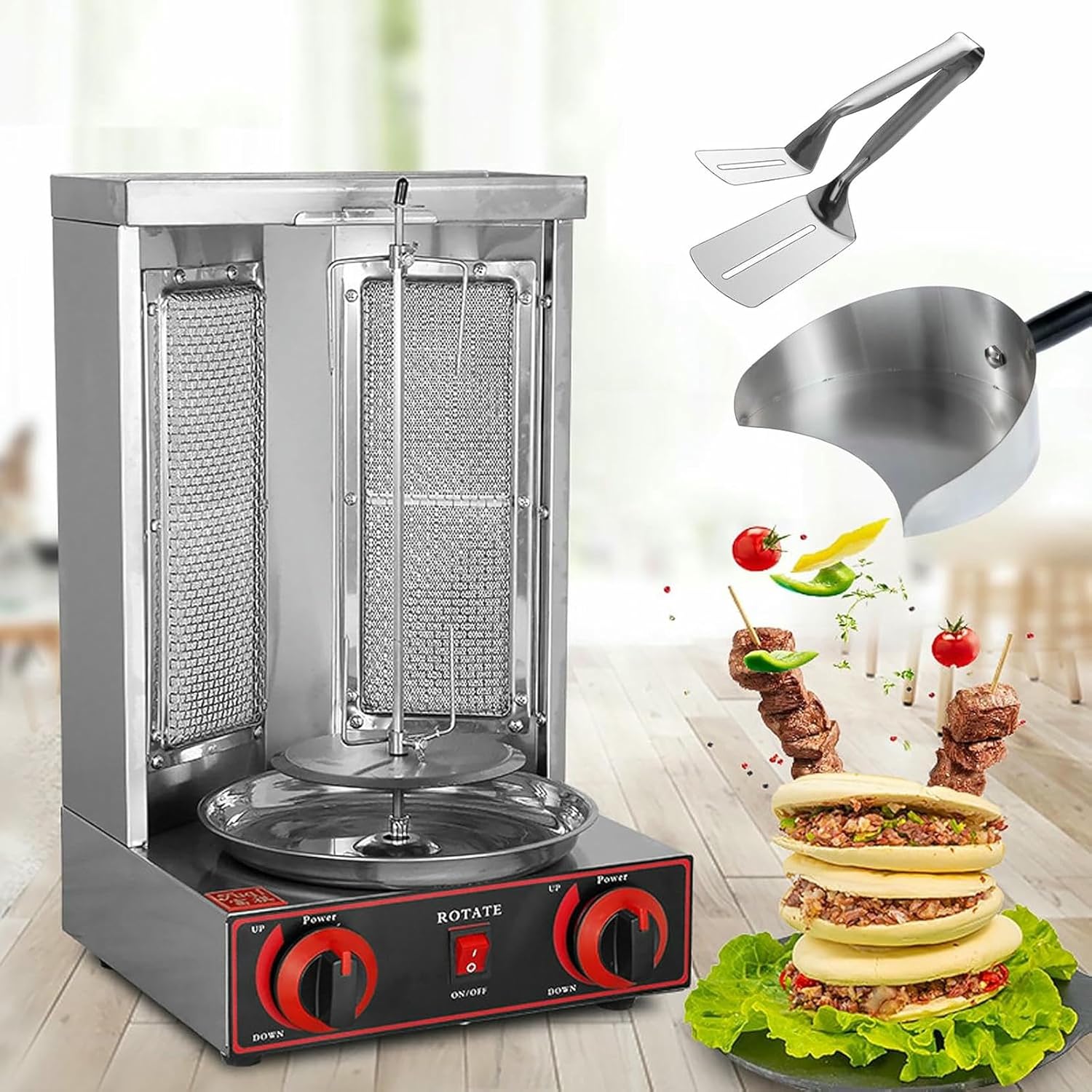Vertical Auto-Rotate Kebab Doner Grill with Temperature Control, Stainless Steel Gas Broiler Rotisserie Oven for Commercial and Home Kitchen Use