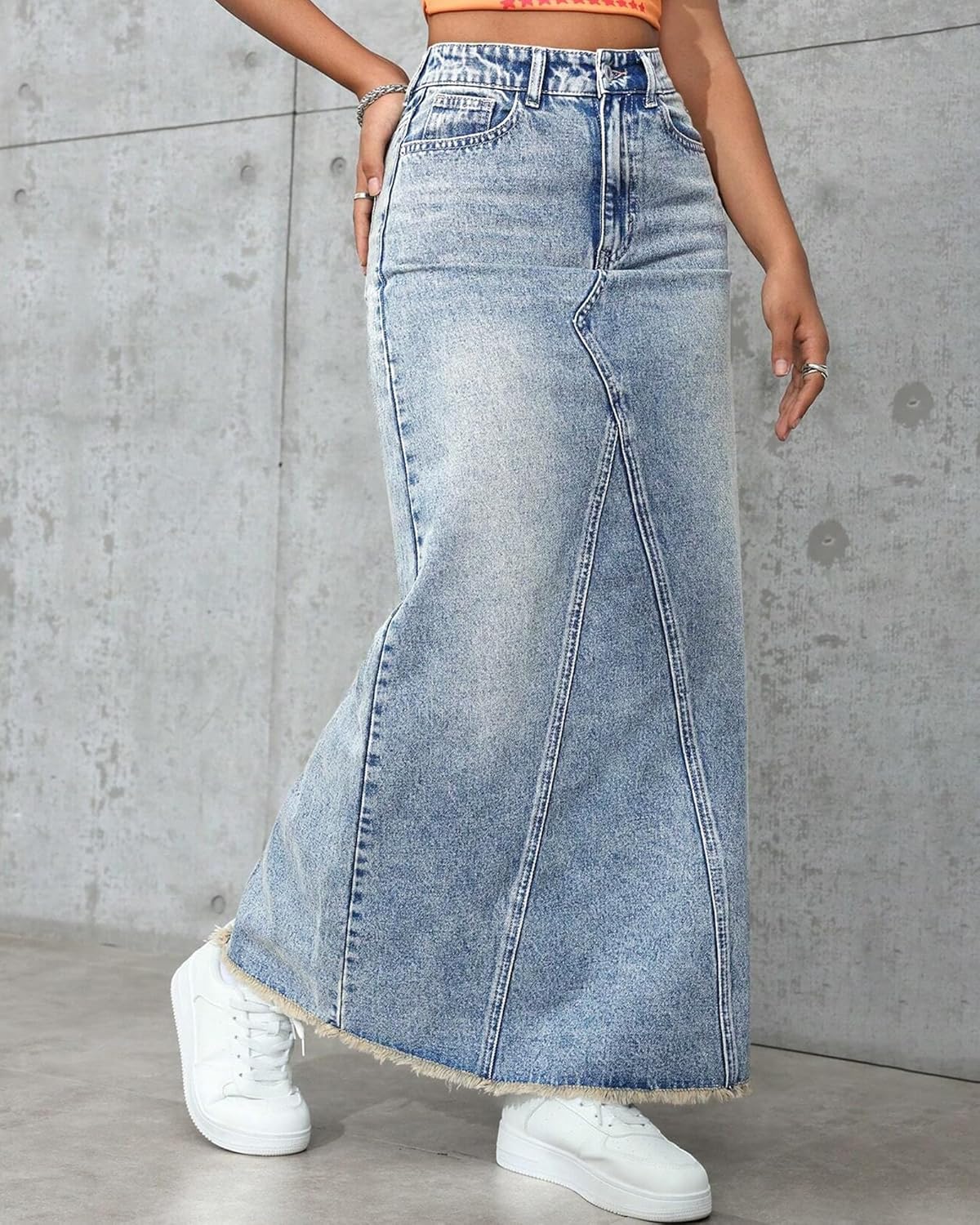 High Waisted Maxi Denim Skirt Frayed Raw Hem Casual A line Long Jean Skirt with Pockets - Image 6