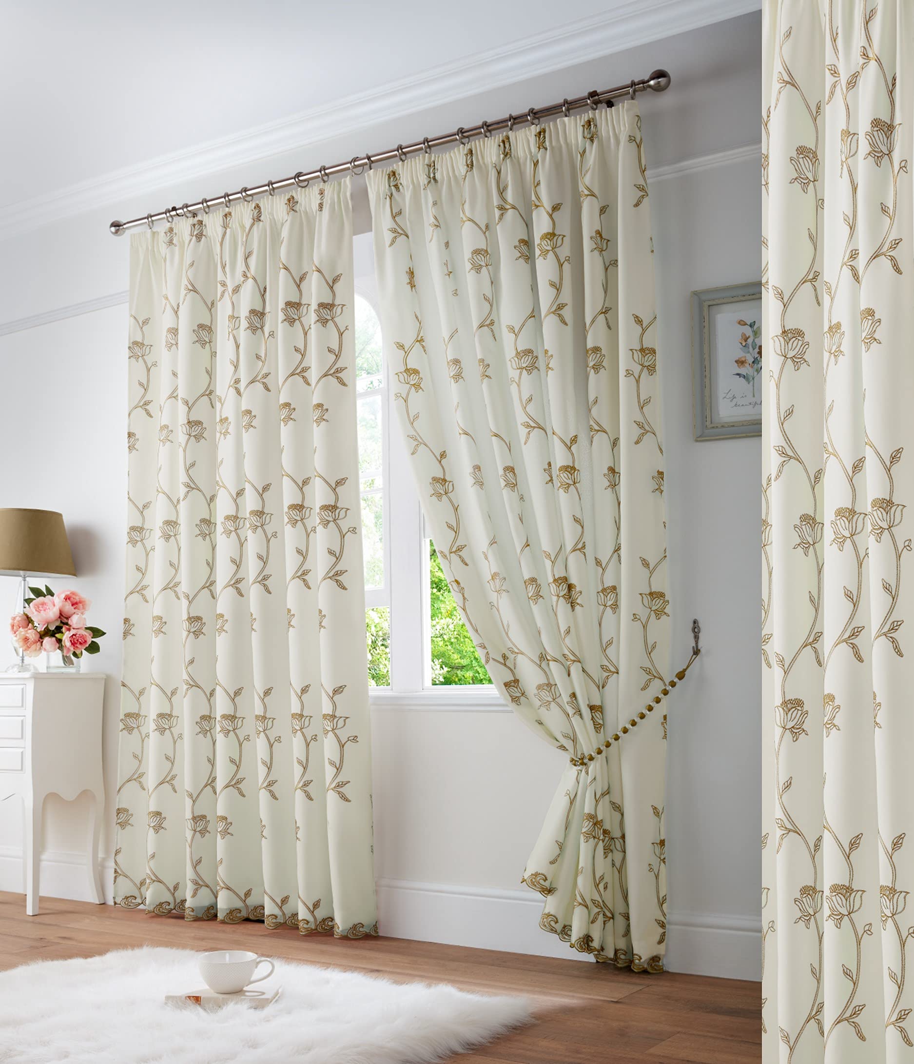 Alan Symonds Exeter Embroidered Floral Trail Pencil Pleat Taped Beige 148X229cm