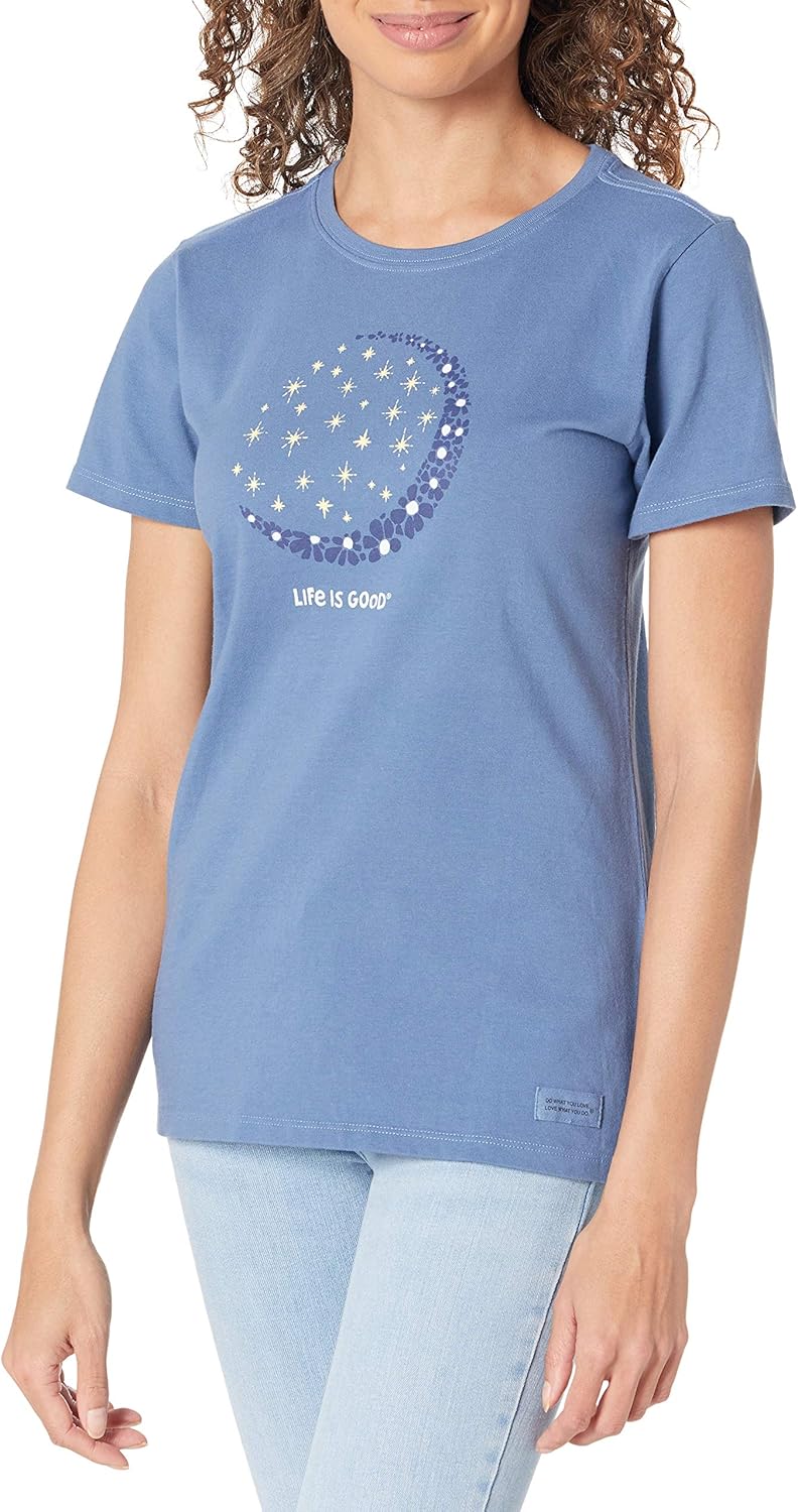 Life is Good Women's Crusher Tee Shirt, Short Sleeve Cotton Graphic T-Shirts, Crescent Moon Daisies