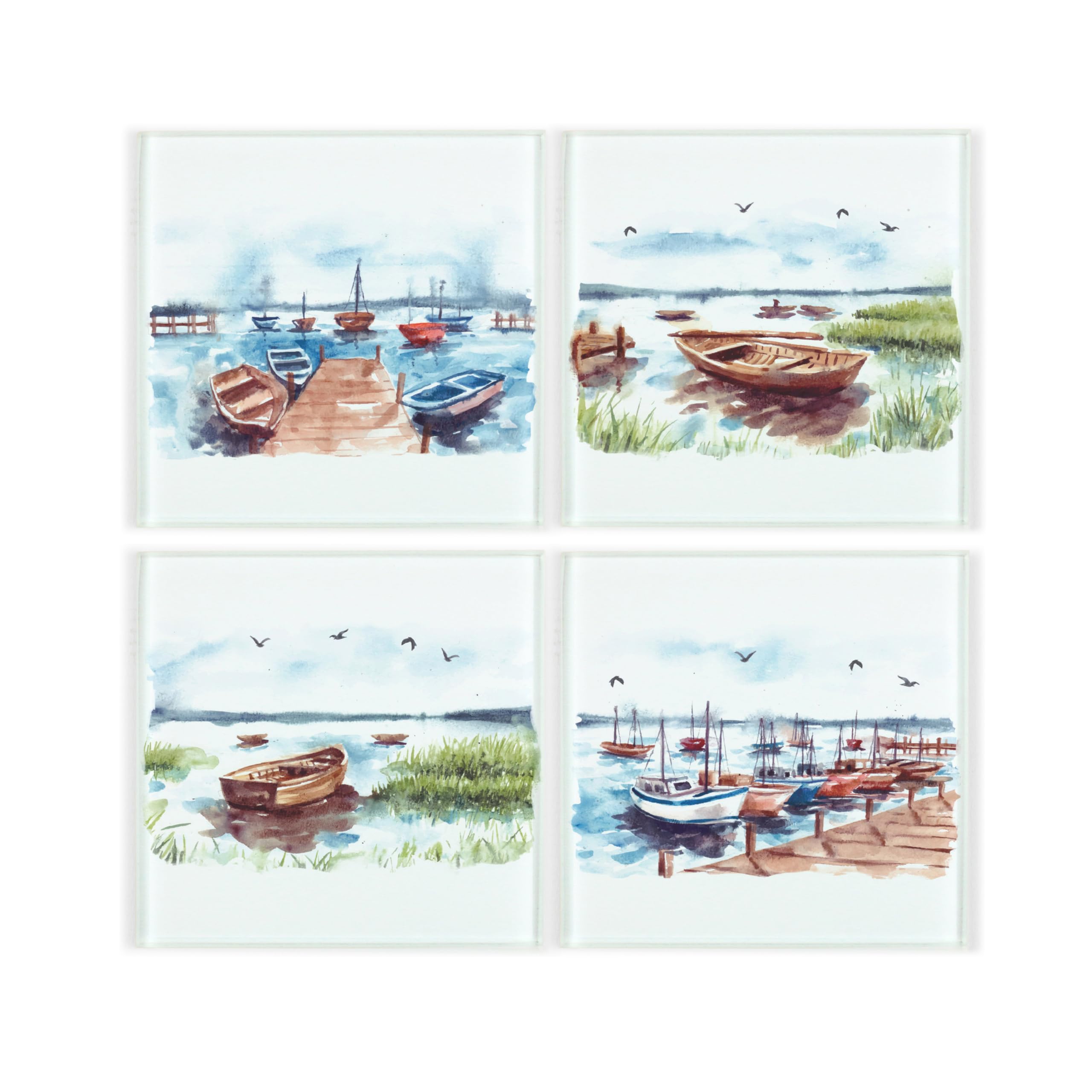 Purely Home Seaside Boats Coaster Set - Square Glass Painted Sailing/Row Boats - Set Of Four (4) Coasters