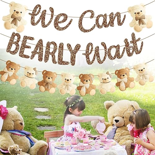 Miniatura 8 de umoni Cartel de oso de peluche, We Can Bearly Wait, purpurina marrón, decoraciones de baby shower, suministros de fiesta de revelación de género,