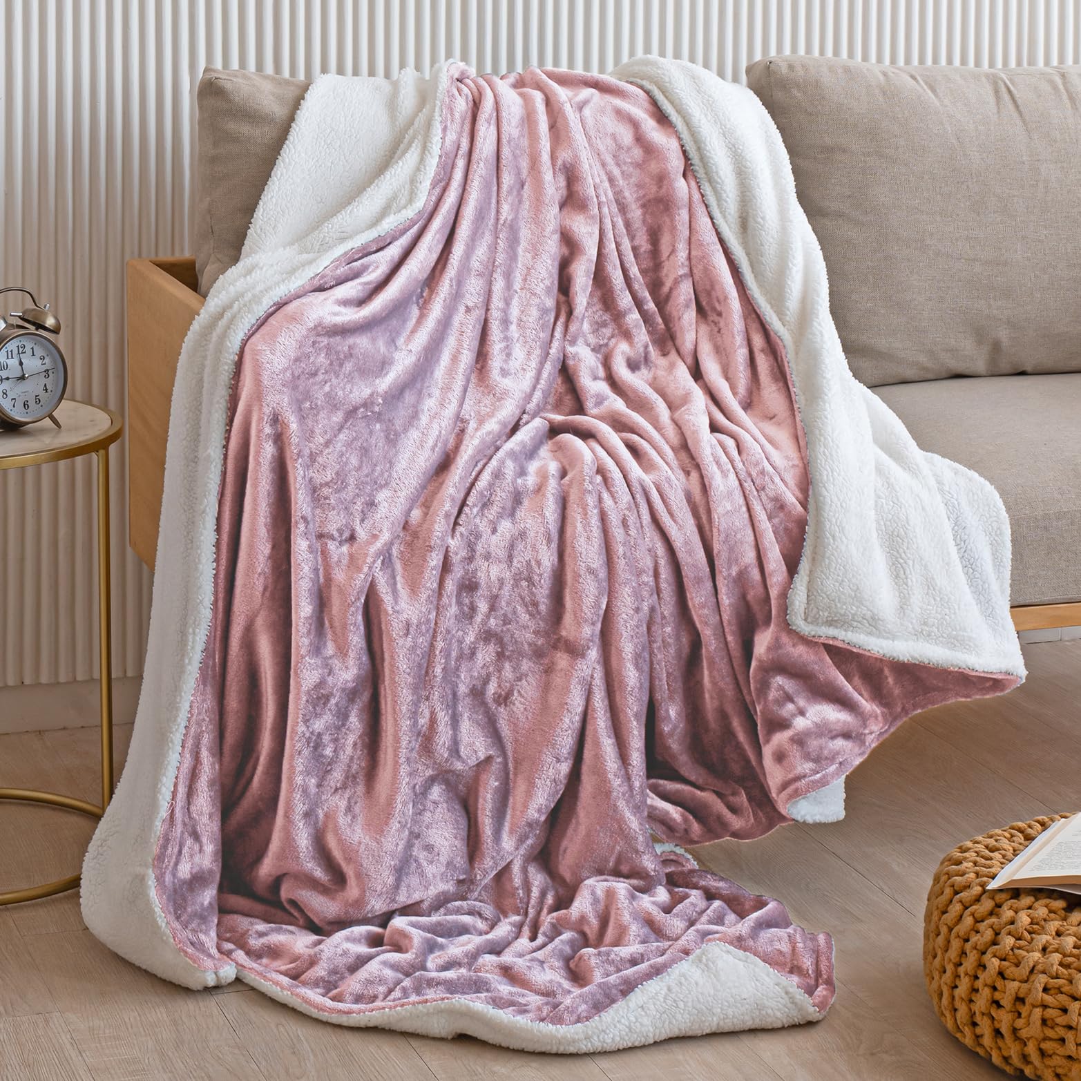 HOMEMONDE Flannel Solid/Plain Super Soft Sherpa Blanket, Single Size 140 x 228 cm (Approx 5 x 7.5 Ft), 200 GSM - Pink & White-image-19