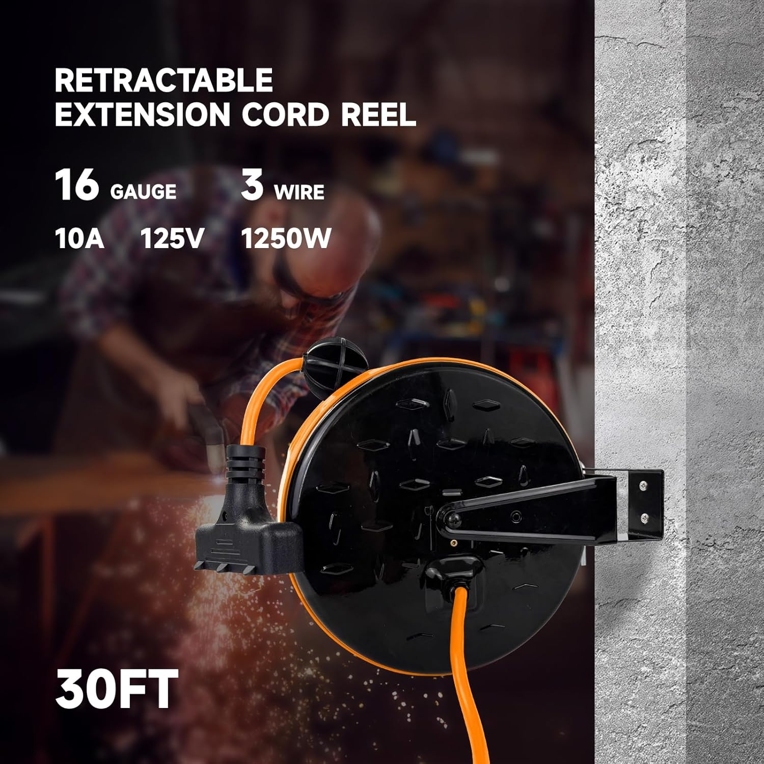EP 30 Ft Retractable Extension Cord Reel, 16/3 SJTW Power Cord with 3 Electrical Outlets, Ceiling or Wall Mount, 10 Amp Circuit Breaker, Metal Plate, UL Listed, Orange