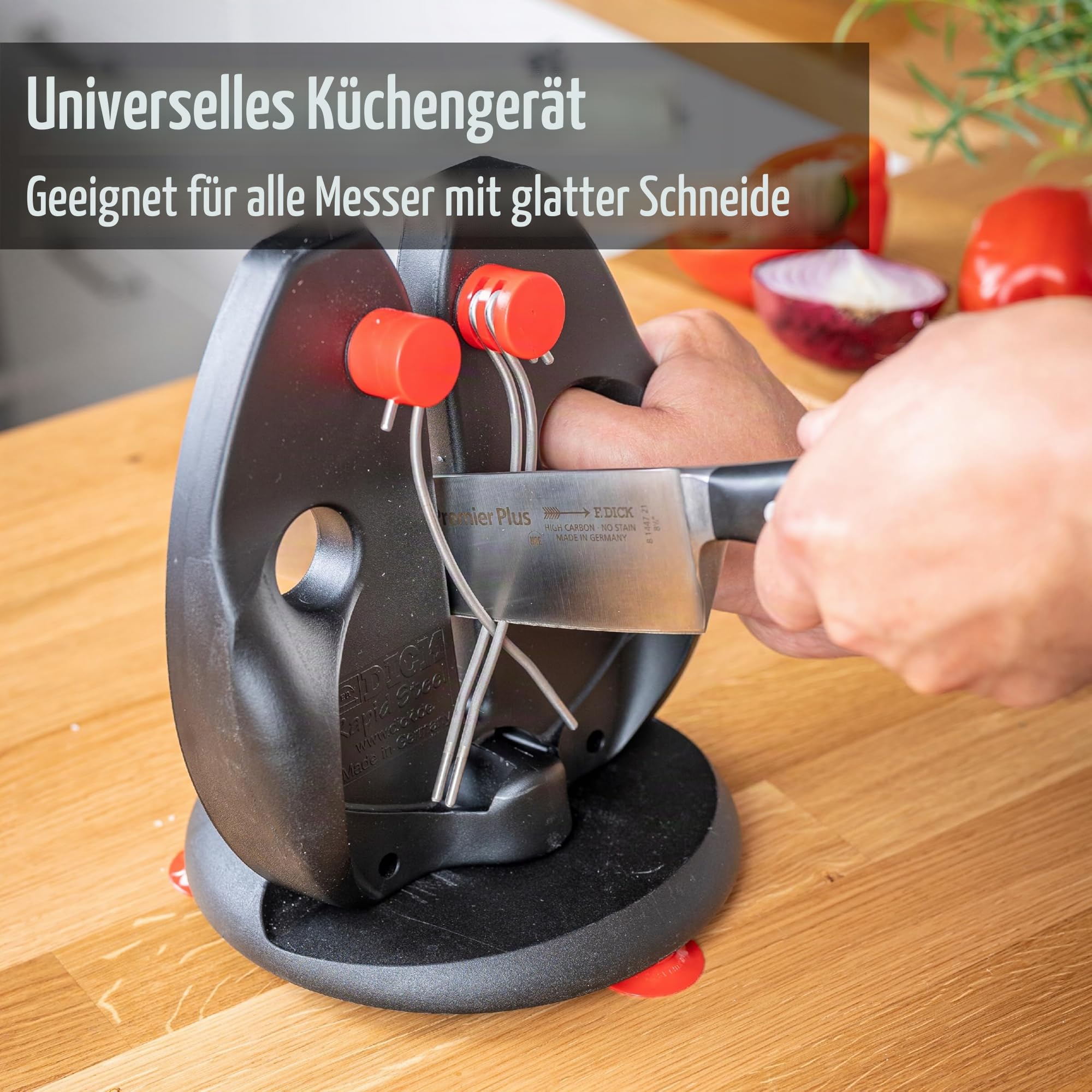 F. DICK Messerschärfer/Messerschleifer zum Durchziehen (spezielle Schärfstäbe, Standplatte mit Saugnapf, immer perfekter Winkel, manuelles einfaches Schärfen) Rapid Steel Action 9009200