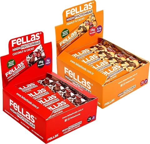 Fellas Yüksek Protein Bar Hindistan Cevizli ve Kakaolu, 45gr x 12 Adet + Yer Fıstıklı ve Kakaolu, 45gr x 12 Adet