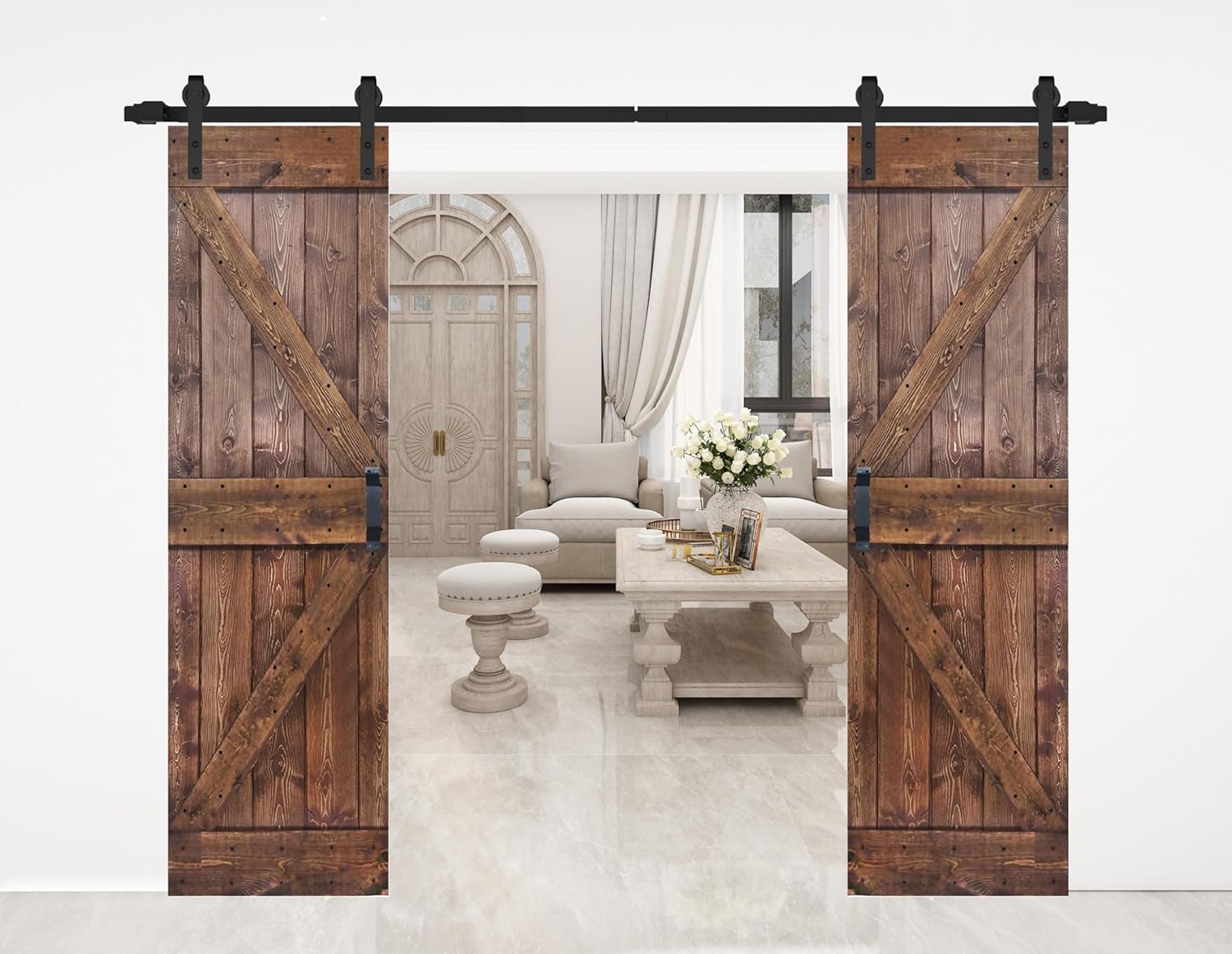 K Series 56in x 84in (28in x 84in x 2 Panels) Kona Coffee Finished Solid Wood Sliding Barn Door with Hardware Track - Assembly Needed