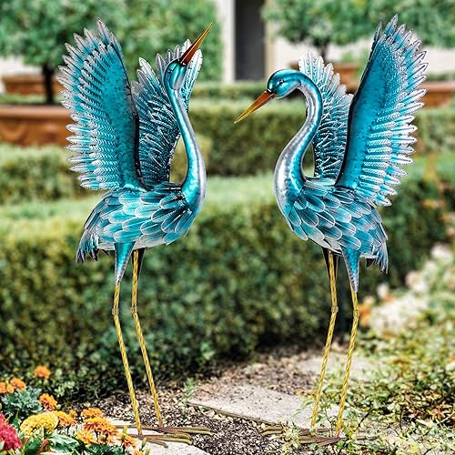 Miniatura 2 de Natelf Estatuas de grúa de jardín para exteriores, esculturas de señuelo de garza azul, arte de metal de pie para patio, estanque, decoración