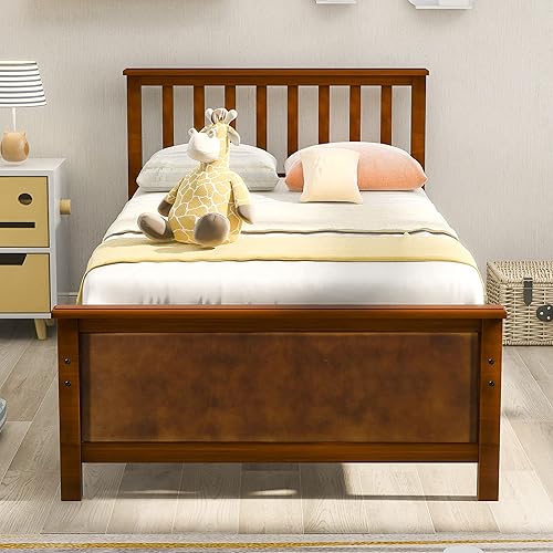 Miniatura 3 de Cama individual, base de cama de plataforma de alta calidad con soporte de listones de madera fuerte, fácil montaje, no necesita somier (nogal)