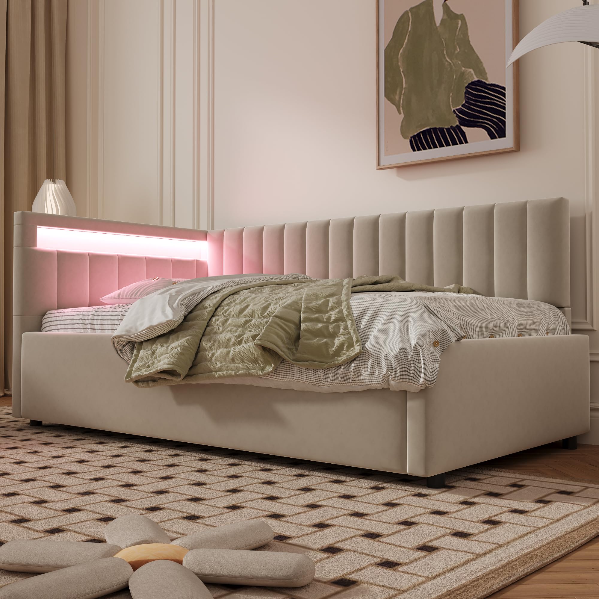Cama tapizada Sofá cama 90 x 200 cm, con iluminación LED y espacio de almacenamiento hidráulico, diseño clásico de rayas verticales, cabeceros laterales con posiciones intercambiables, somier de