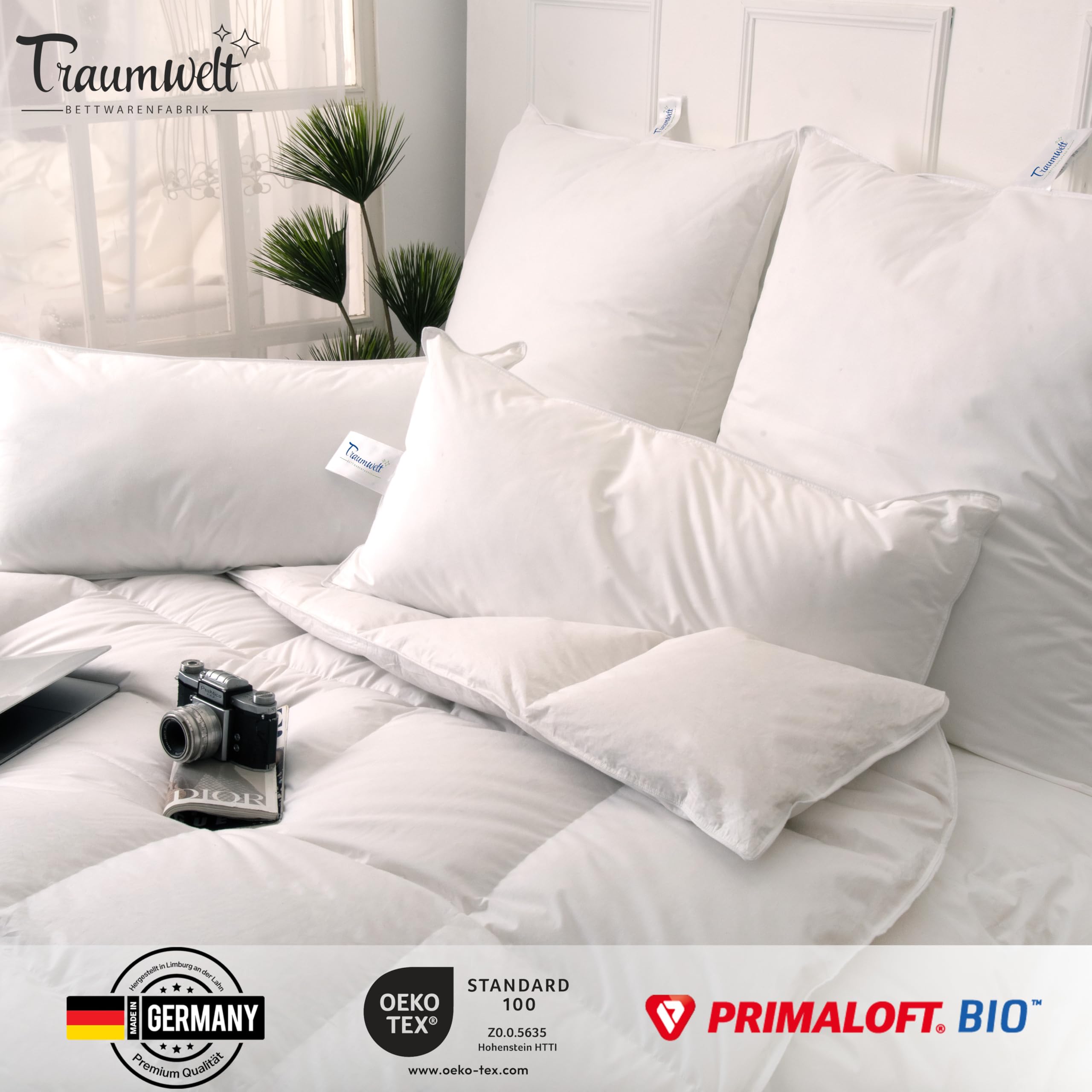 Taumwelt Natur Made in Germany Bettdecke 240x220 cm, Daunenalternative mit Primaloft Bio Mikrofasern-Füllung, für alle Jahreszeiten, Füllgewicht: 1220g, weiß, Allergiker geeignet, Öko-Tex 100