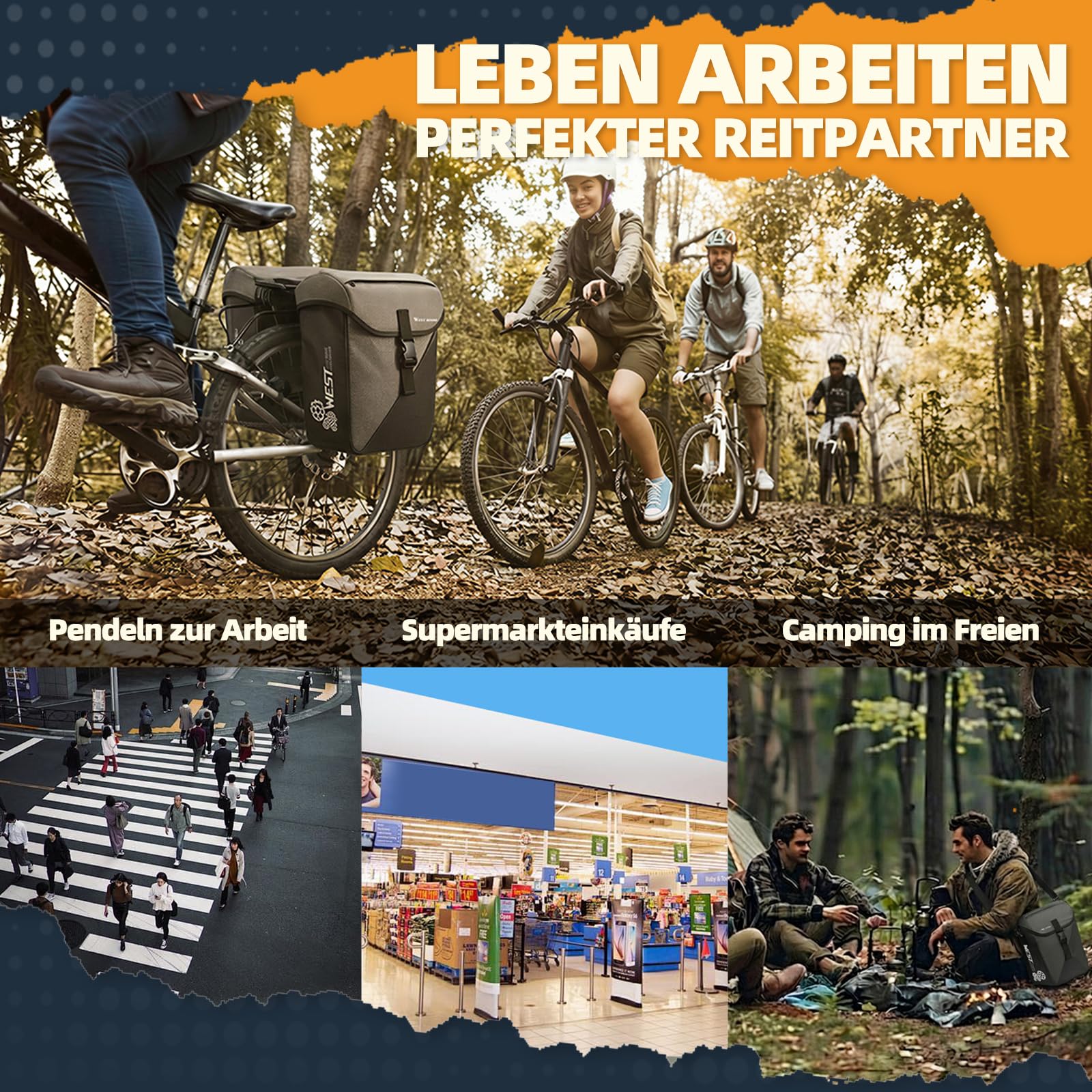 Sacoche de vélo, pour porte-bagages, grande capacité, réfléchissante, facile à nettoyer, avec compartiment pour ordinateur portable et poche zippée supplémentaire, pour vélo électrique, VTT et