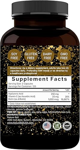 Vista 7 de NatureBell Paquete de 2 suplementos de ácido hialurónico a base de plantas de 250 mg con 25 mg de vitamina C y biotina de 5000 mcg, 480 cápsulas