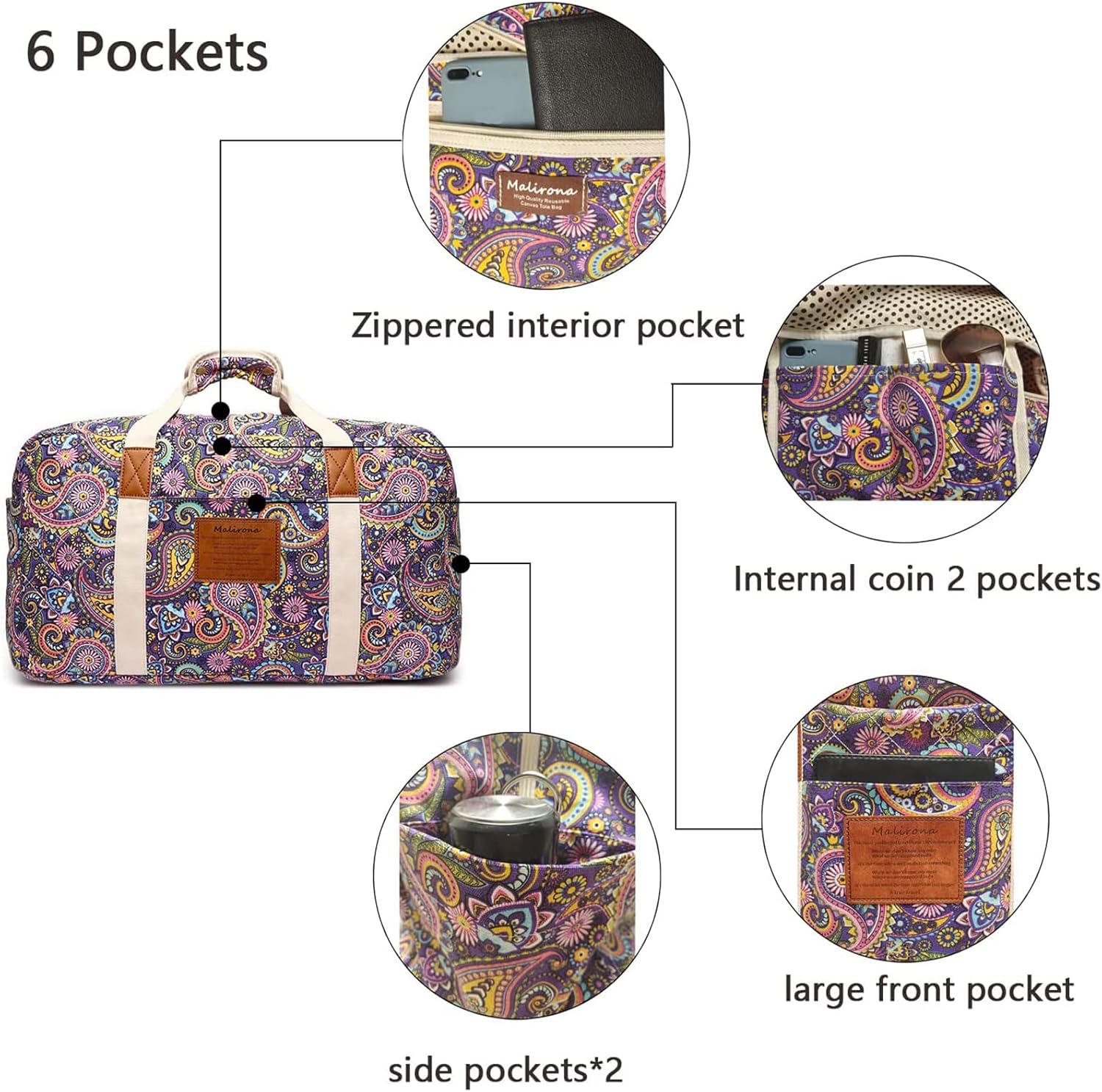 Malirona 22"Canvas Weekender Overnight Bags Travel Duffel Bag Carry On Bag for Women and Girls (Purple Flower) - Image 3