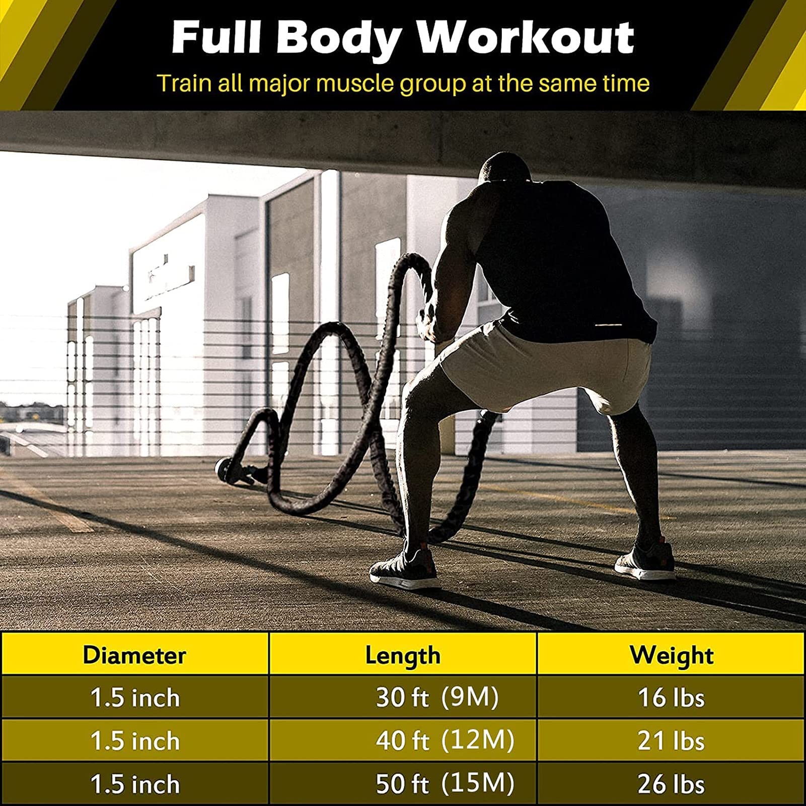 Fitnesstraining Schweres Battle Rope mit Ankersets, Übung Workout Kraft Gewicht Welligkeit Seile, Polyester-Fitnessstudio-Nylon-Krafttrainingsseil (Size : 15m)