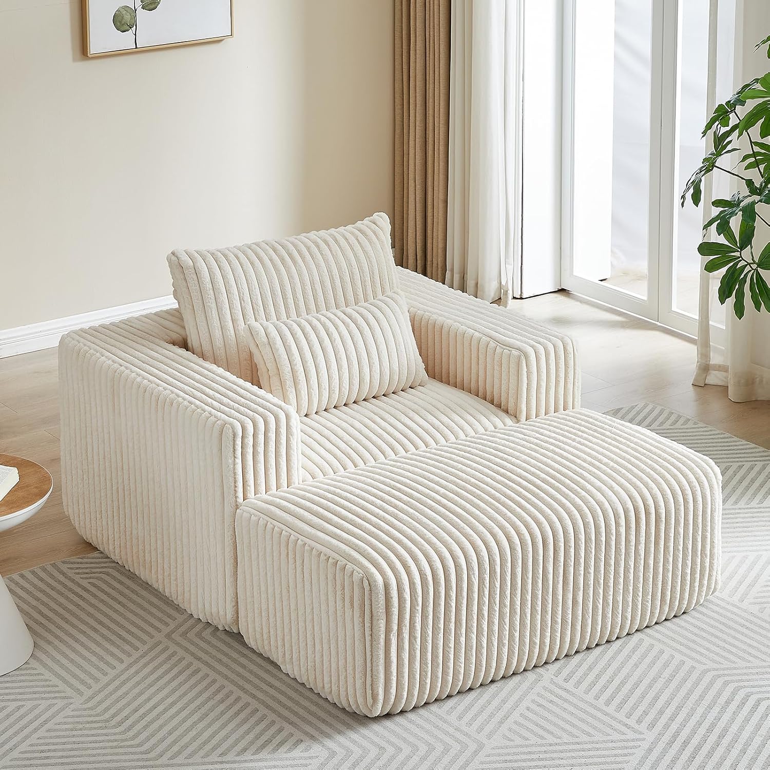 Chaise Lounge Chair Indoor,48.5" Oversized Chair with Ottoman,Cozy Plush Corduroy Sofa,Upholstered Lounge Sofa,Modern Deep Seat Sofa,Comfy Leisure Sleeper Sofa Recliner Chair for Living Room(Beige)