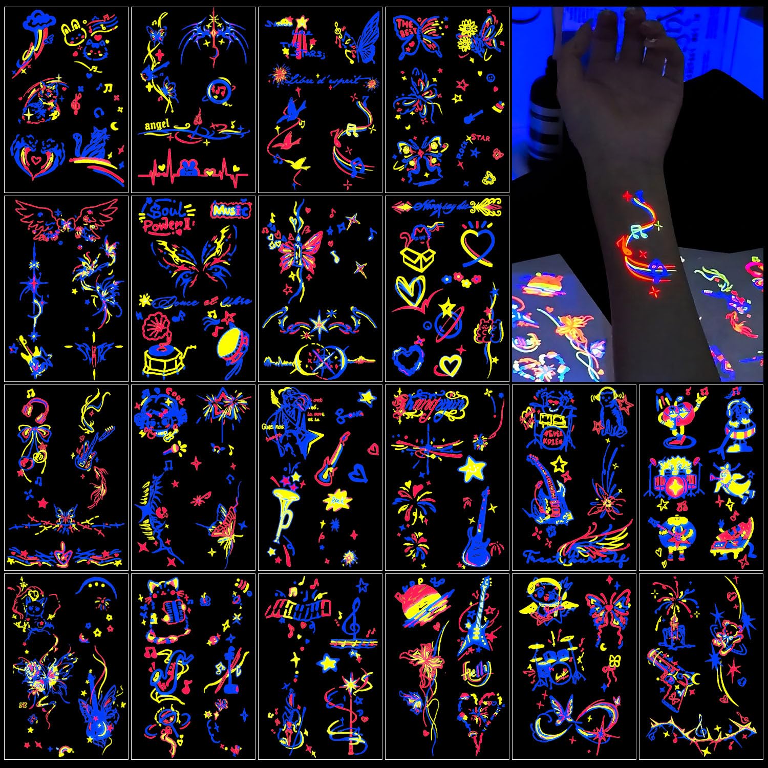 20 Sheets Neon Glow Party Tattoos for Adult, Teens, Luminous Temporary Tattoos under Neon UV Black Light, Glow in the Dark Party Supplies, Rave