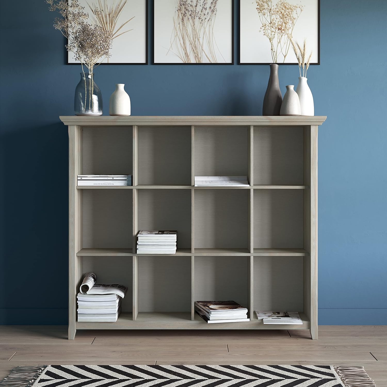 SIMPLIHOME Acadian Bookcase - 57 inch Tall 12-Cube Solid Wood Storage Display Unit in Distressed Grey, Transitional Cube Organizer for Living Room or Office with Fixed Shelves and Tapered Legs