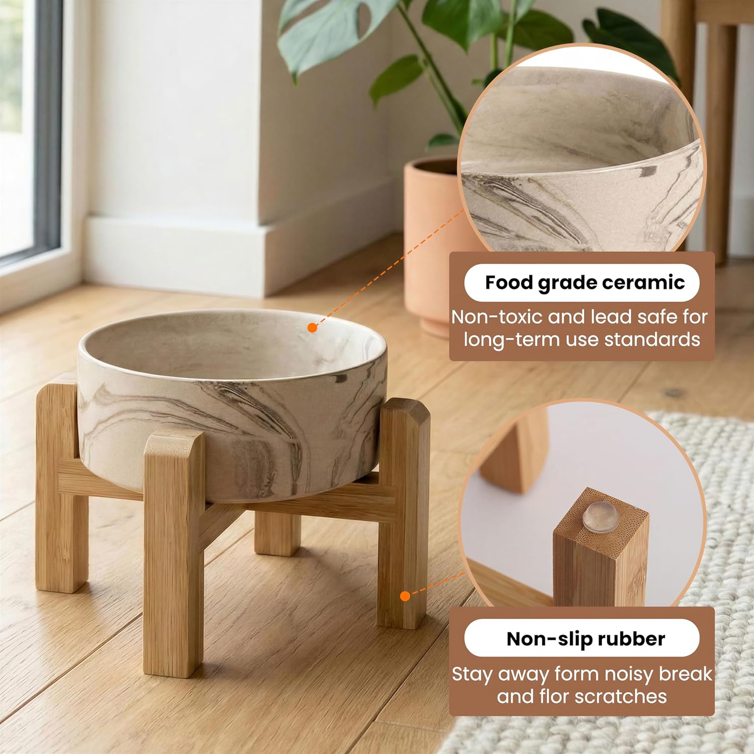 hjn Elevated Ceramic Dog Bowl with Bamboo Stand, Raised Pet Feeding Station for Small Medium Dogs Cats, Modern Design with Anti-Slip Base (Marble Brown, 7.6Cup)