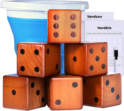 3.5" Giant Wooden Yard Dice Set, Lawn Yardzee Outdoor Game | Collapsible bucket. Solid pine wood with weather-proof coating. Fun outdoor game. Perfect for park, beach, and family parties