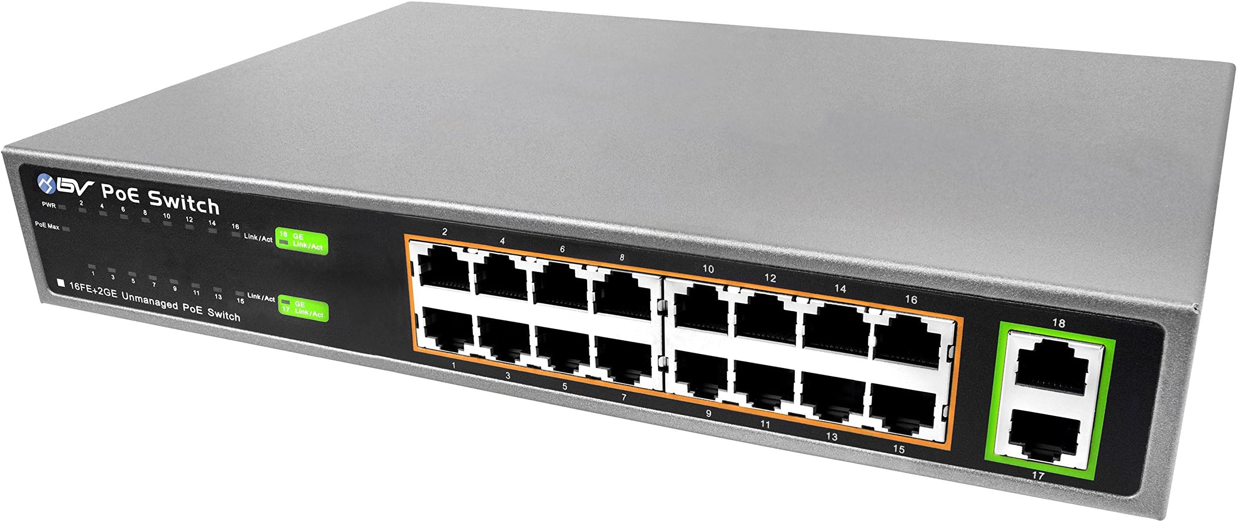 BV-Tech 18 Port Switch with 16 PoE+ Ports and 2 Gigabit Ethernet Uplink – 130W – 802.3at