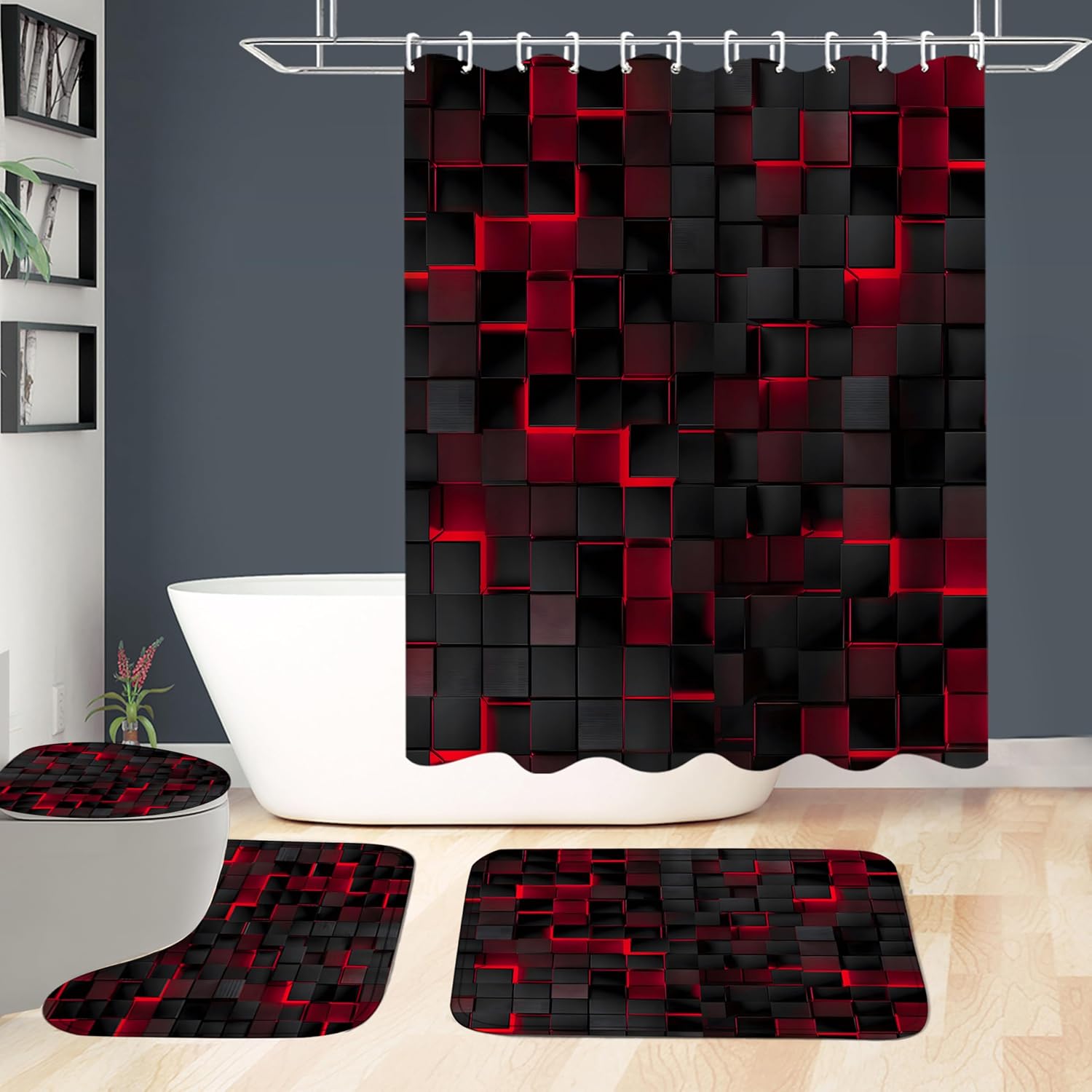 LQCOOL 4Pcs Shower Curtain Set Black 3D Cubes Shower Curtain Set Modern Bathroom Sets with Shower Curtain and Rugs Red Shower Curtain with 12 Hooks
