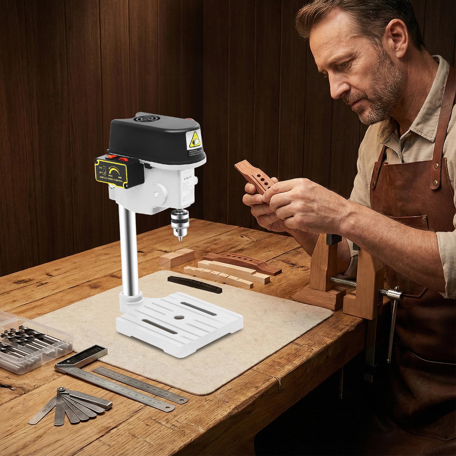 Trapano da tavolo 340 W, precisione a colonna con velocità continua (0-16.000 giri/min) e arresto di profondità, costruzione in ghisa per legno/metallo/plastica, profondità di foratura 25 mm