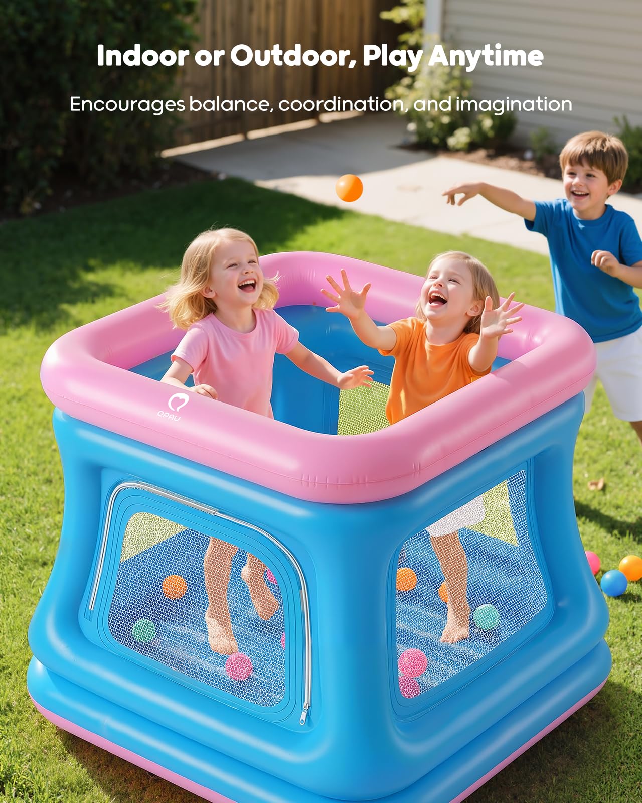 QPAU 3-in-1-Bällebad und Trampolin für Kleinkinder, aufblasbare Hüpfburg mit Sicherheitsnetz, Outdoor-Spielzeug für Kleinkinder von 1–3 Jahren, Hüpfburg für den Innenbereich, Babyspielplatz