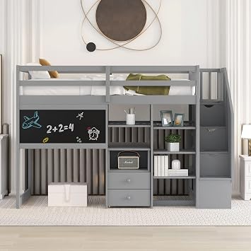 Modern Twin Size Loft Bed with Pullable Desk and Storage Shelves, Solid Wood Loft Bed with Staircase, Blackboard and 2 Drawers, Space Saving Gray -TE2