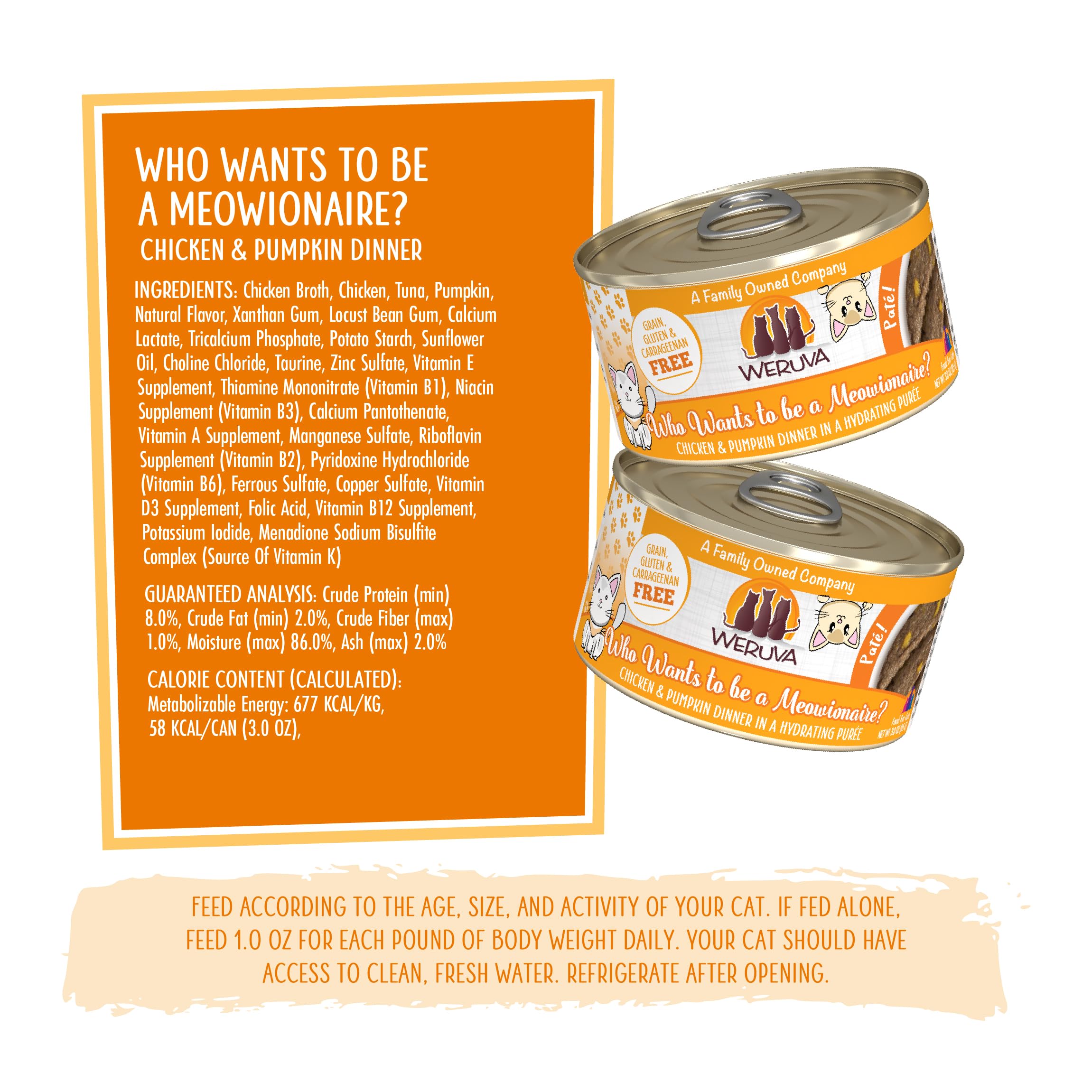 Weruva Comida húmeda para gatos, Who Wants to be a Meowionaire con paté de pollo y calabaza, lata de 3 onzas, paquete de 12