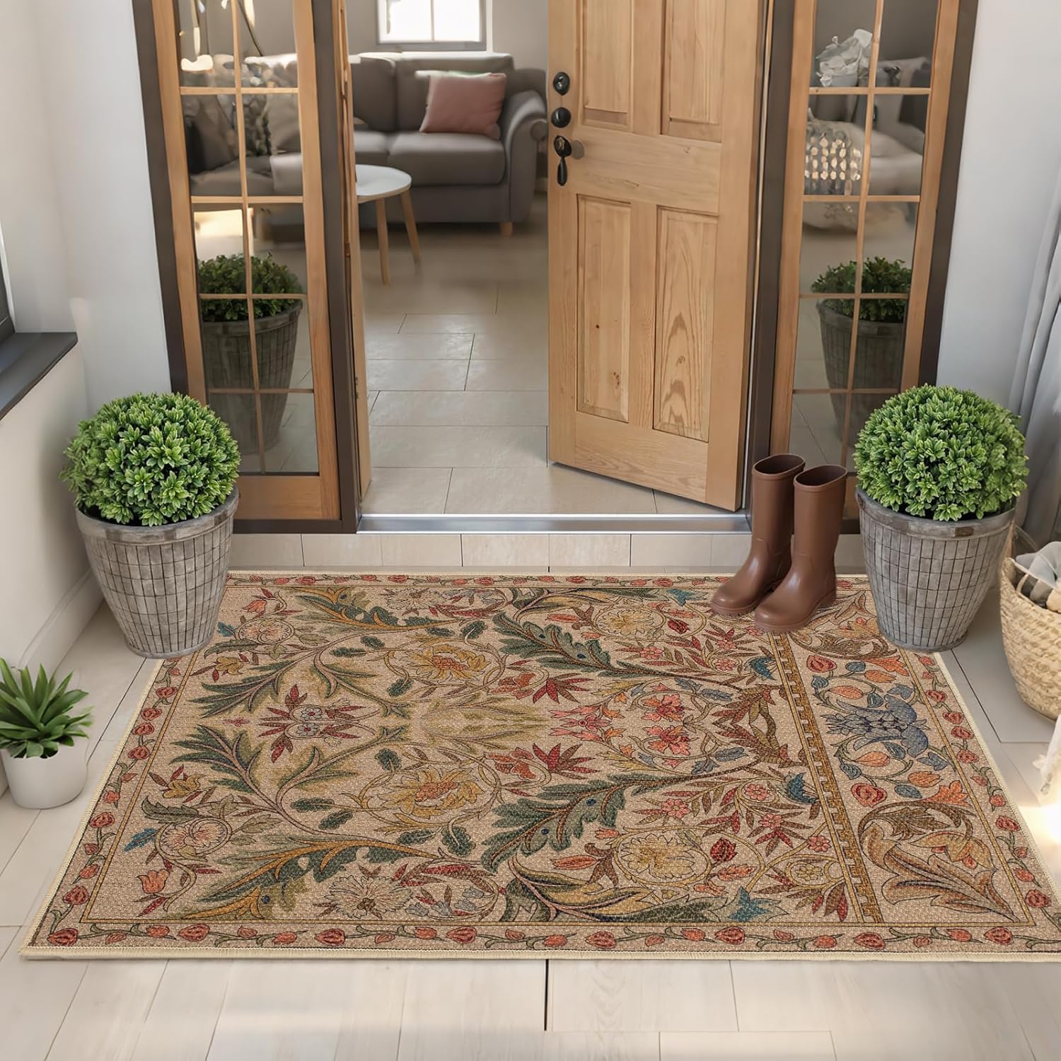 Easy Jute Vintage Floral Front Door Mat 2x3, Washable Non Slip Beige Jute Entryway Rug, Tribal Throw Small Floor Mat for Bathroom Kitchen Bedroom